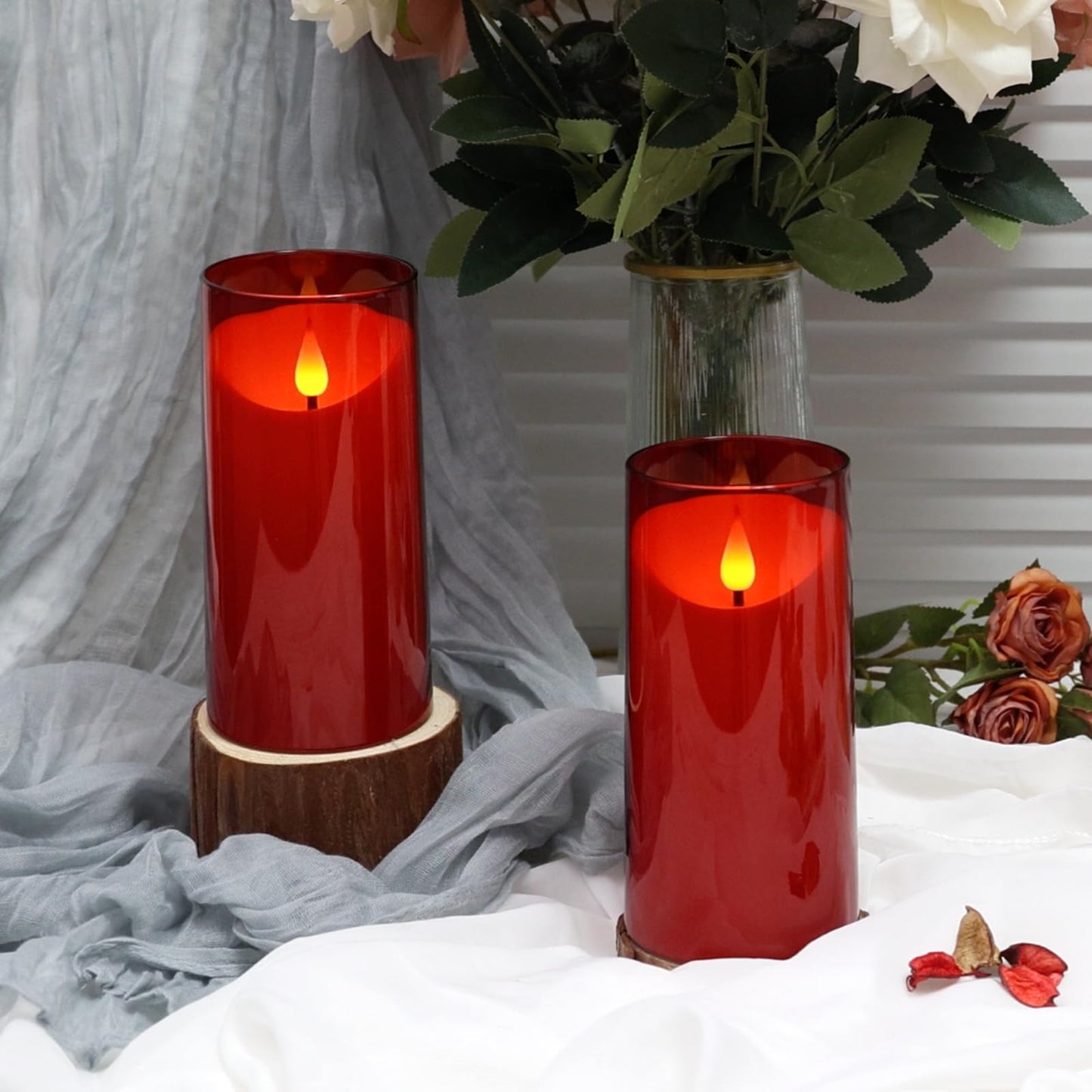 NURADA Flameless Candles with Remote Timer: 3D Wick Battery Operated Led Pillar Fake Candle Set for Wedding Birthday Christmas Decorations - Red 2 Pack