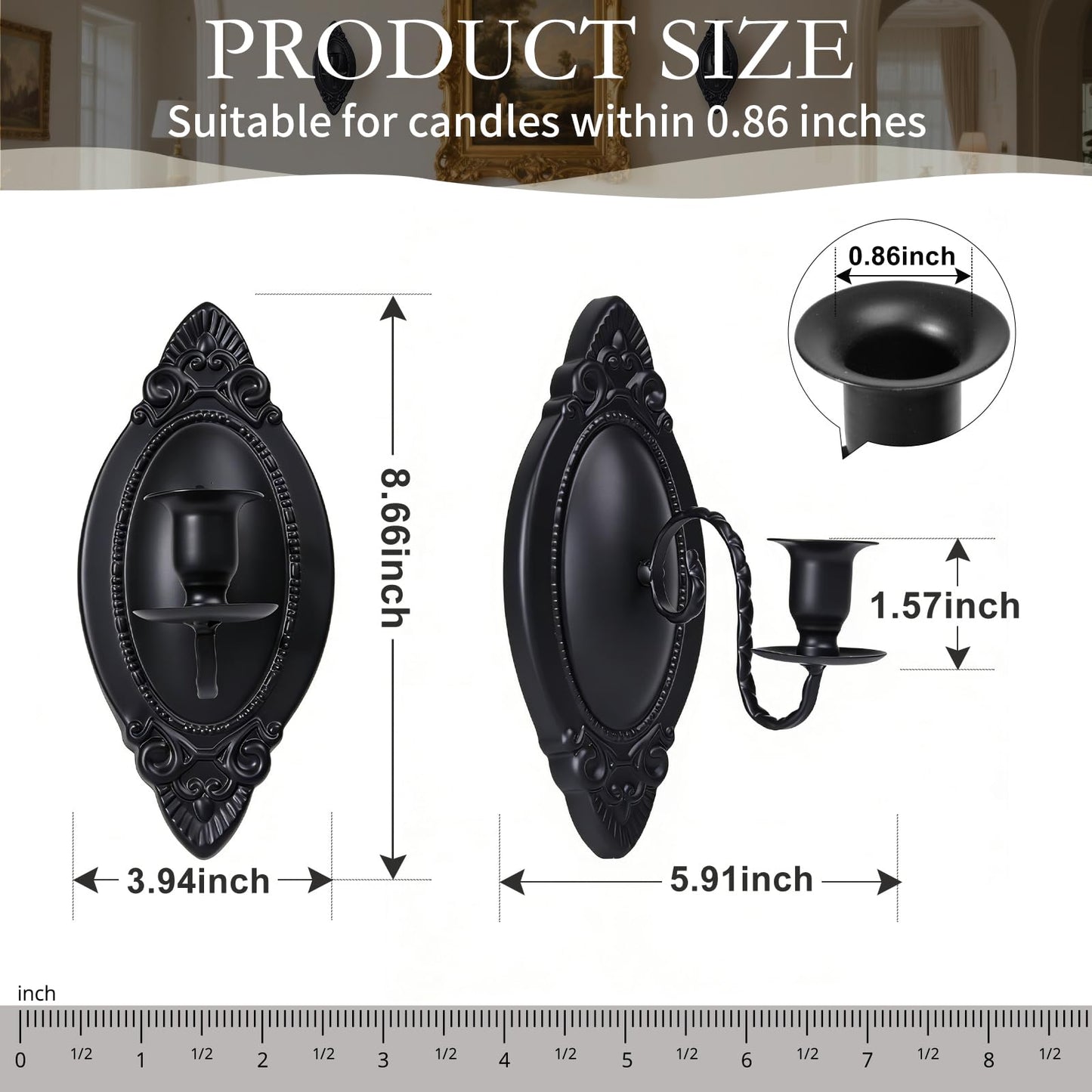 Vrnikhub Black Candle Sconces Set of Two, Victorian Decor Royal Wall Sconce, Metal Rustic Candle Holder Baroque Home Wall Decor for Living Room, Dining Room, Bedroom, Fireplace, Hallway, Window