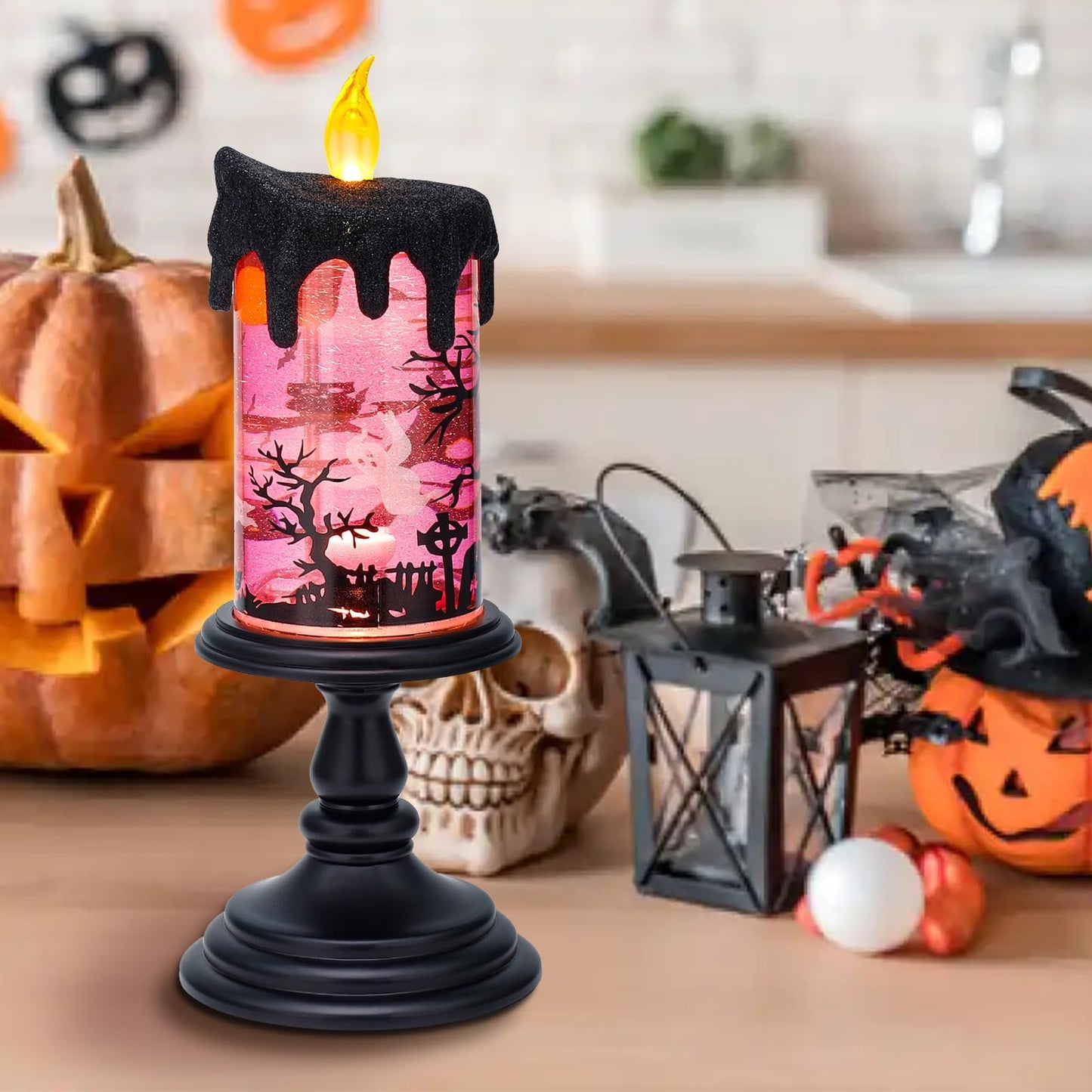 Halloween Snow Globe Candle Lamp – Battery Operated Flameless Candle with Spinning Water & Glitter, Lighted Tornado Effect Table Centerpiece for Indoor Halloween Decorations （Pink