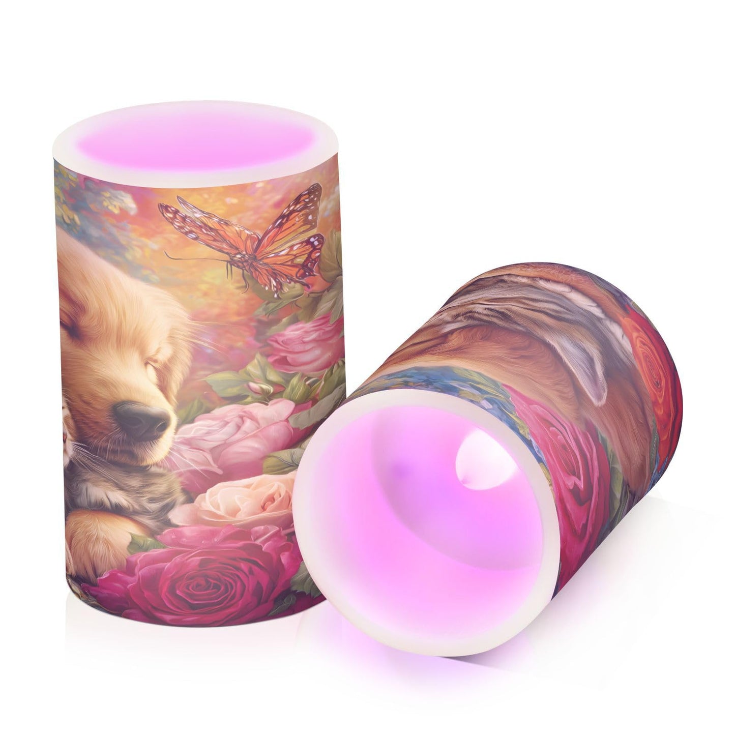 ALAZA Sleepy Dog Cat Roses Flickering Flameless Candles Battery Operated with Remote Timer,Tea Light Candles LED Pillar Votive Candles Set of 2 for Outdoor Indoor Decorations