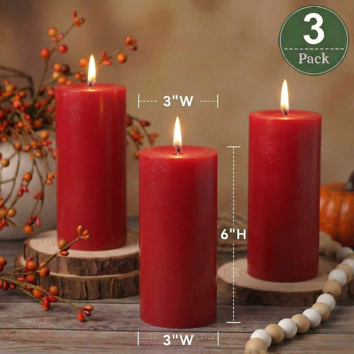 Richland Set of 3 Red Pillar Candles 3" x 6" Unscented for Weddings Christmas Home Holidays Relaxation Spa Church