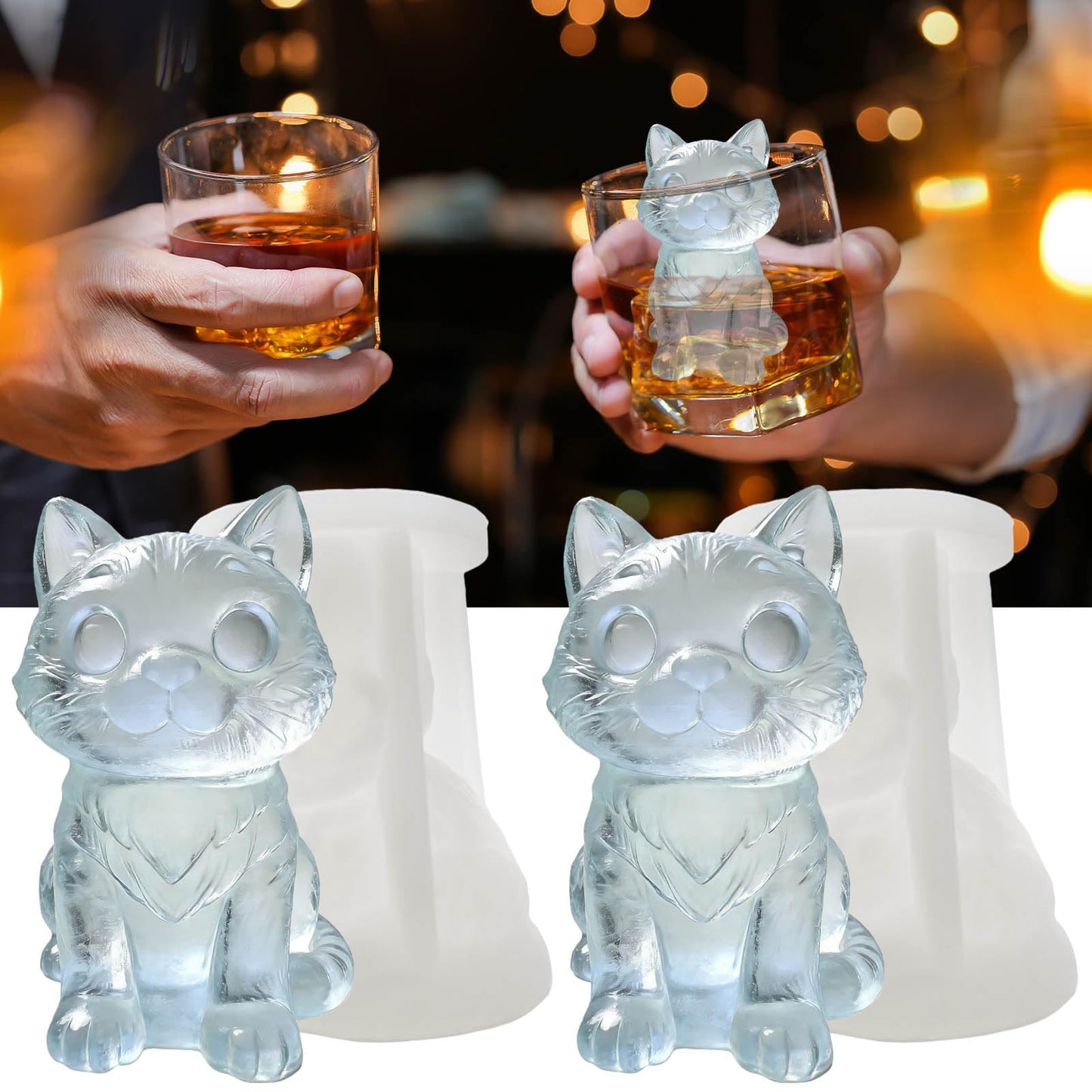 SIUPER 3D Cat Ice Cube Silicone Molds Tray for Whiskey, Cocktail, Drink, Bar; Rich Details. Fun Animal Mold for DIY Craft Taba Squishy Chocolate Soap Candle Resin Gift for Women Girls Boys; 2 Pack
