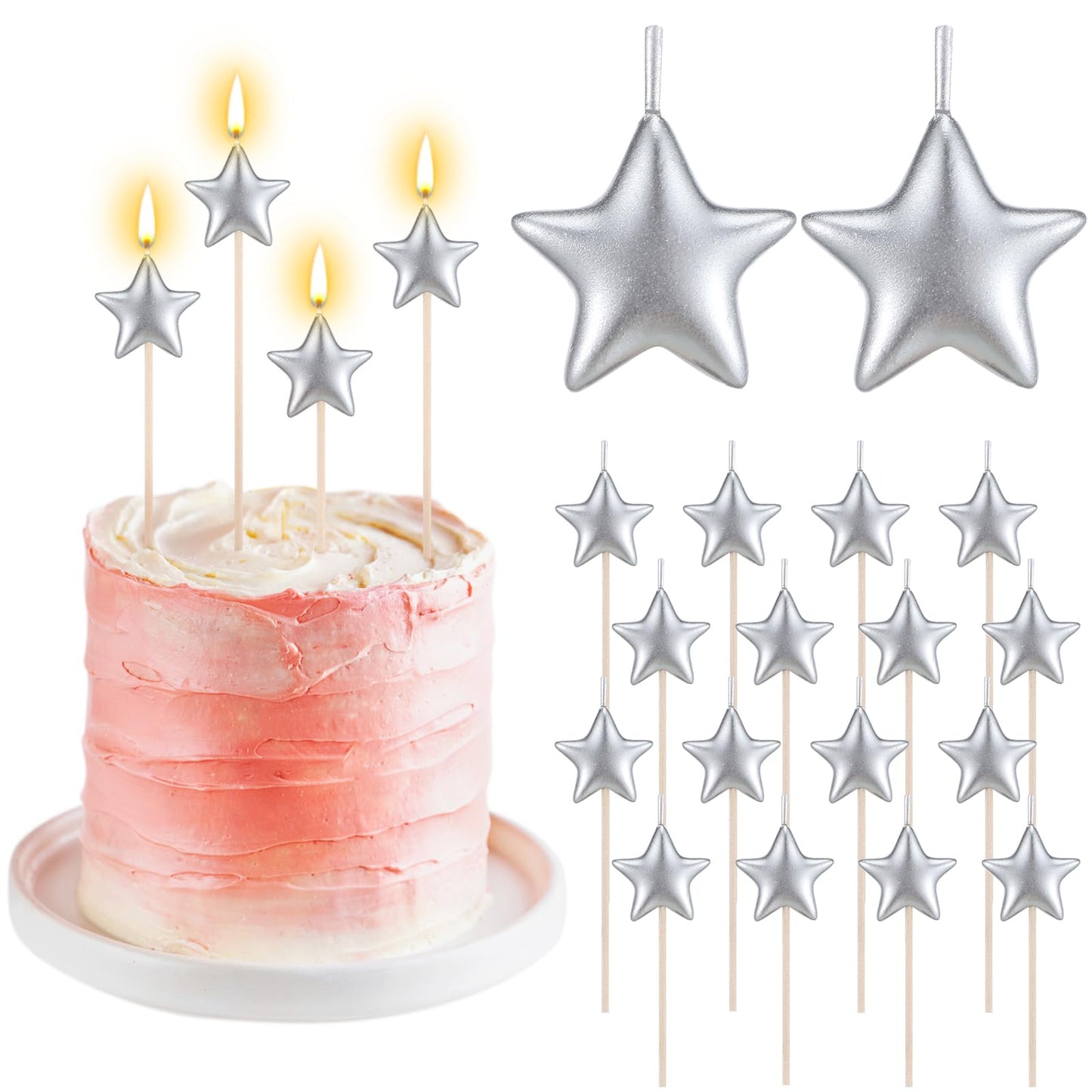 16 Pack Star Candles for Cake Birthday Star Shaped Sparkler Candles Stereo Cake Topper Decorations for Birthday Party Supplies(Silver)