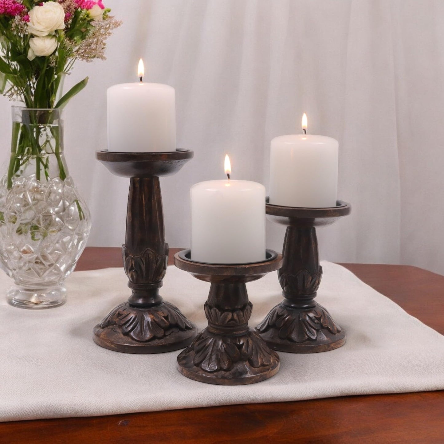 Hosley Set of 3 Dark Brown Wood Pillar Candle Holders 8 Inches 6 Inches and 4.25 Inches High Ideal for LED and Pillar Candles Gifts for Weddings Party Home Spa Reiki Aromatherapy