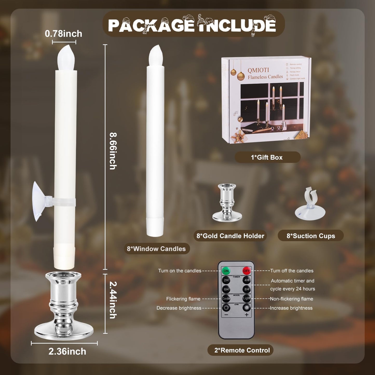 Qmioti 8 Pack Christmas Window Candles, Battery Operated Window Candles with Timer Remote, LED Window Candle with Candle Holders Suction Cups for Christmas Decorations, Silver