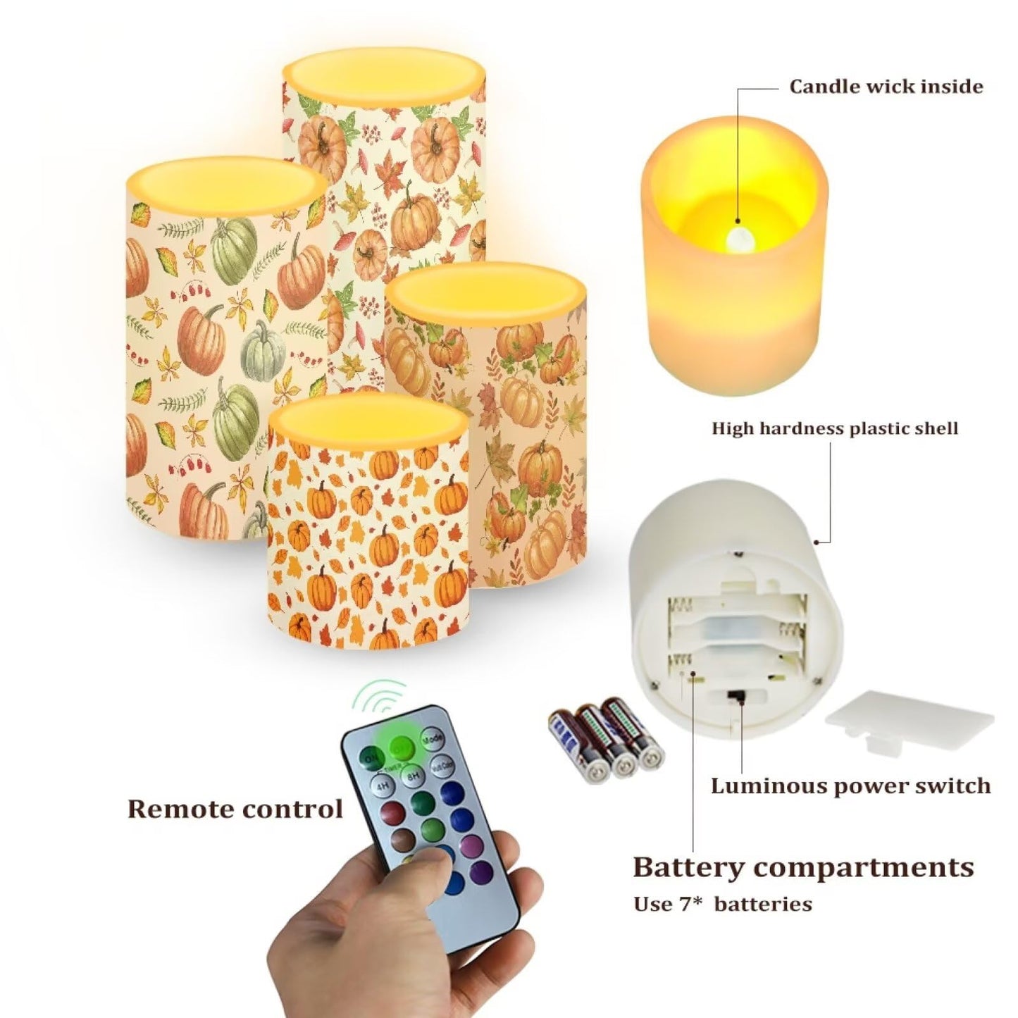 NETILGEN Thanksgiving Day Decor Flameless Electric Candles LED Pillar Candles with Remote Timer Control for Home Decoration, 4 Pcs, Autumn Harvest Pumpkins Print