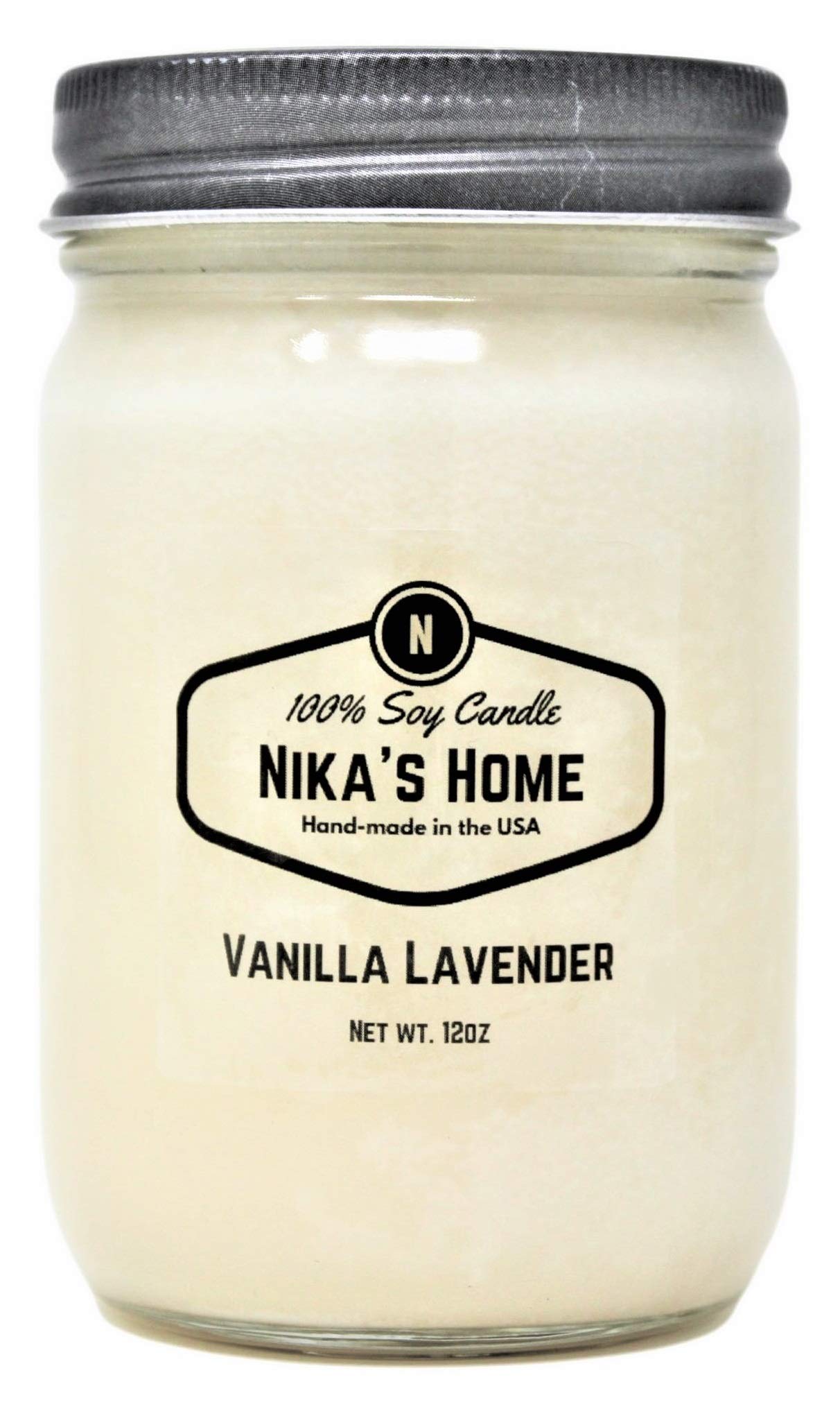 Nika's Home Vanilla Lavender Soy Candle - 12oz Mason Jar - Non-Toxic - Hand Poured in The USA, Long Burning 50-60 Hours Highly Scented All Natural, Clean Burning