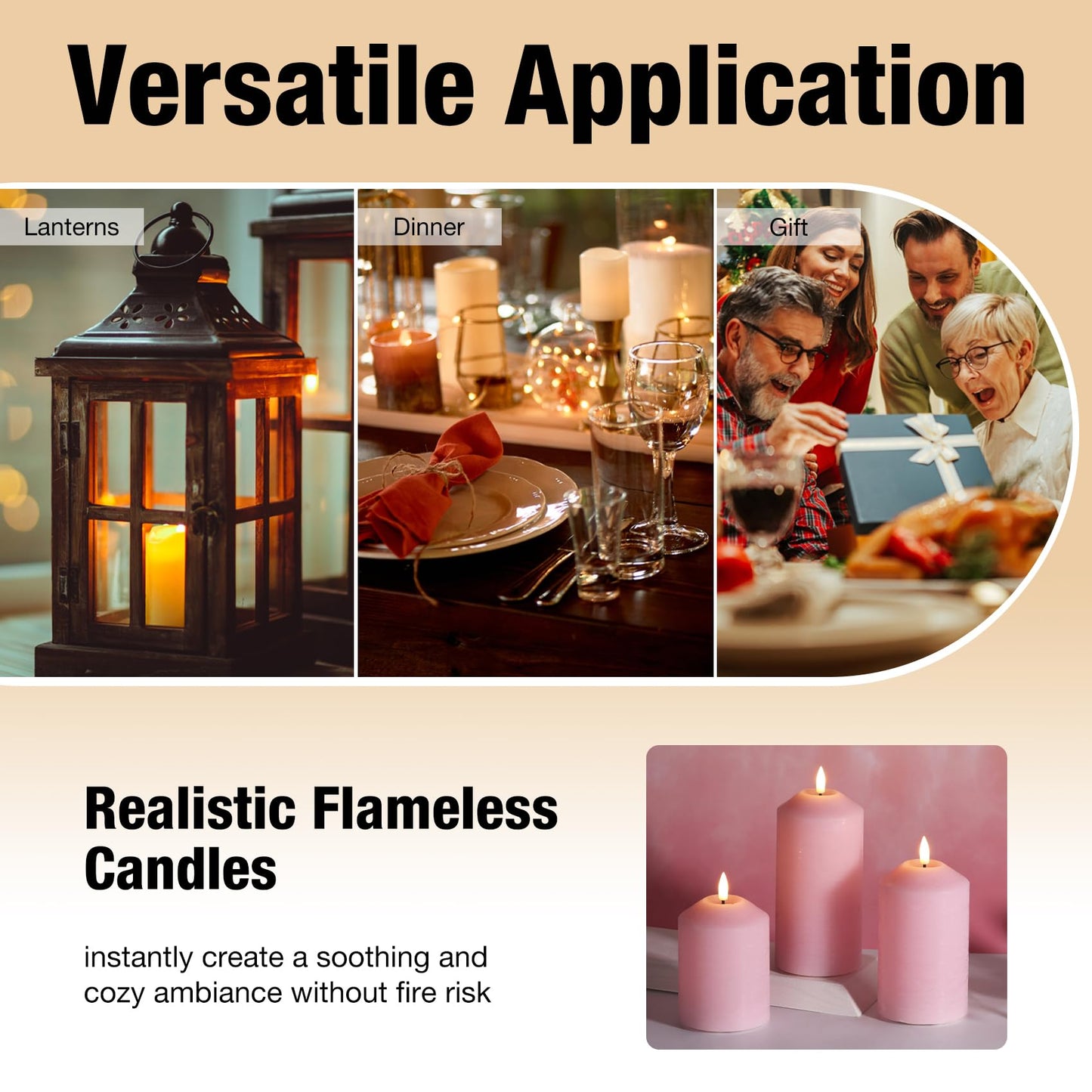 Eywamage Pink Flameless Pillar Candles with Remote, Flickering LED Wax Candlles Battery Powered Set of 3