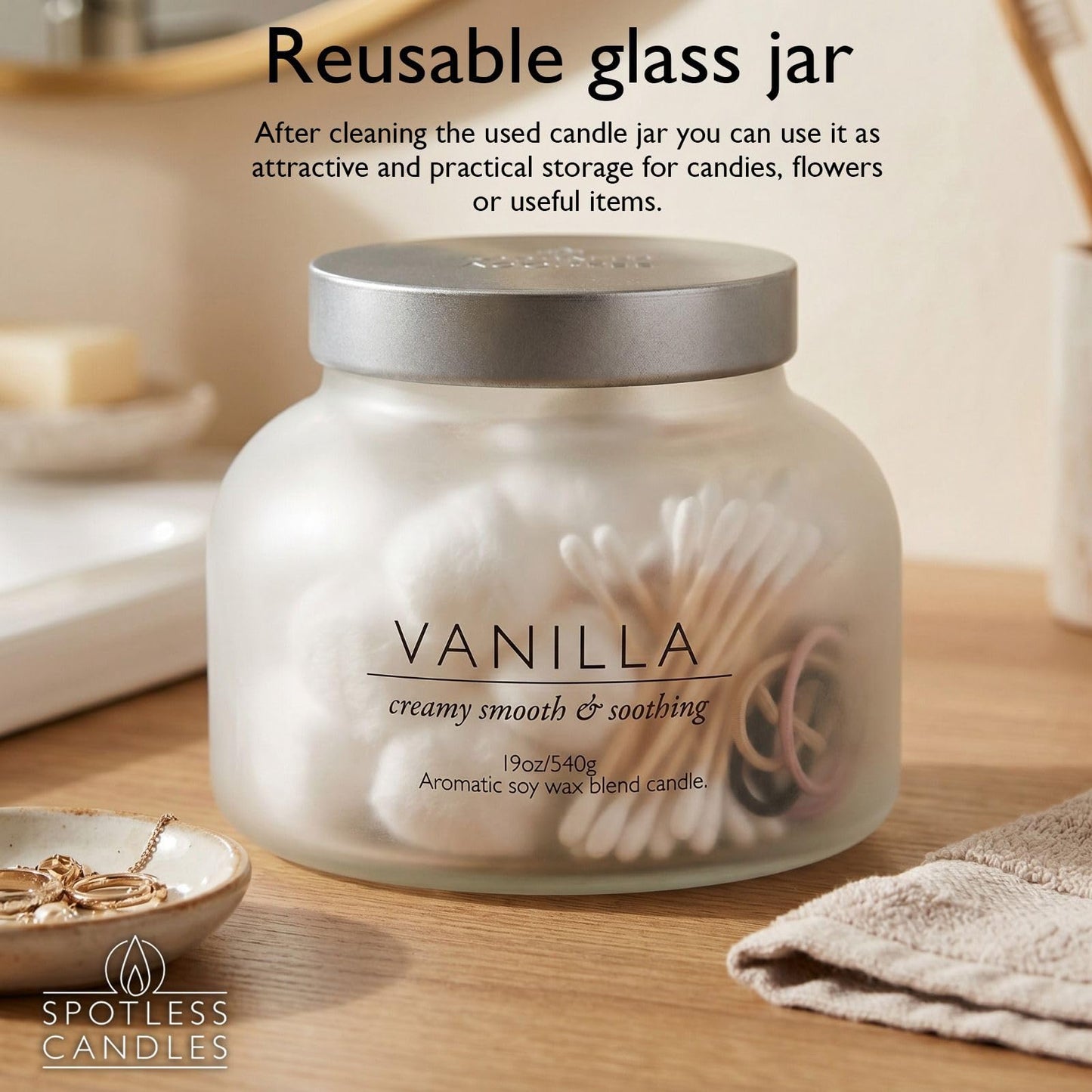 Vanilla Volcano Candle 19oz: 80-Hour Burn, Creamy Smooth Vanilla Scent, Hybrid Soy Wax, Crackling Wood Wick, Cream Matte Glass Jar, Gold Foil Gift Box by Spotless Candles