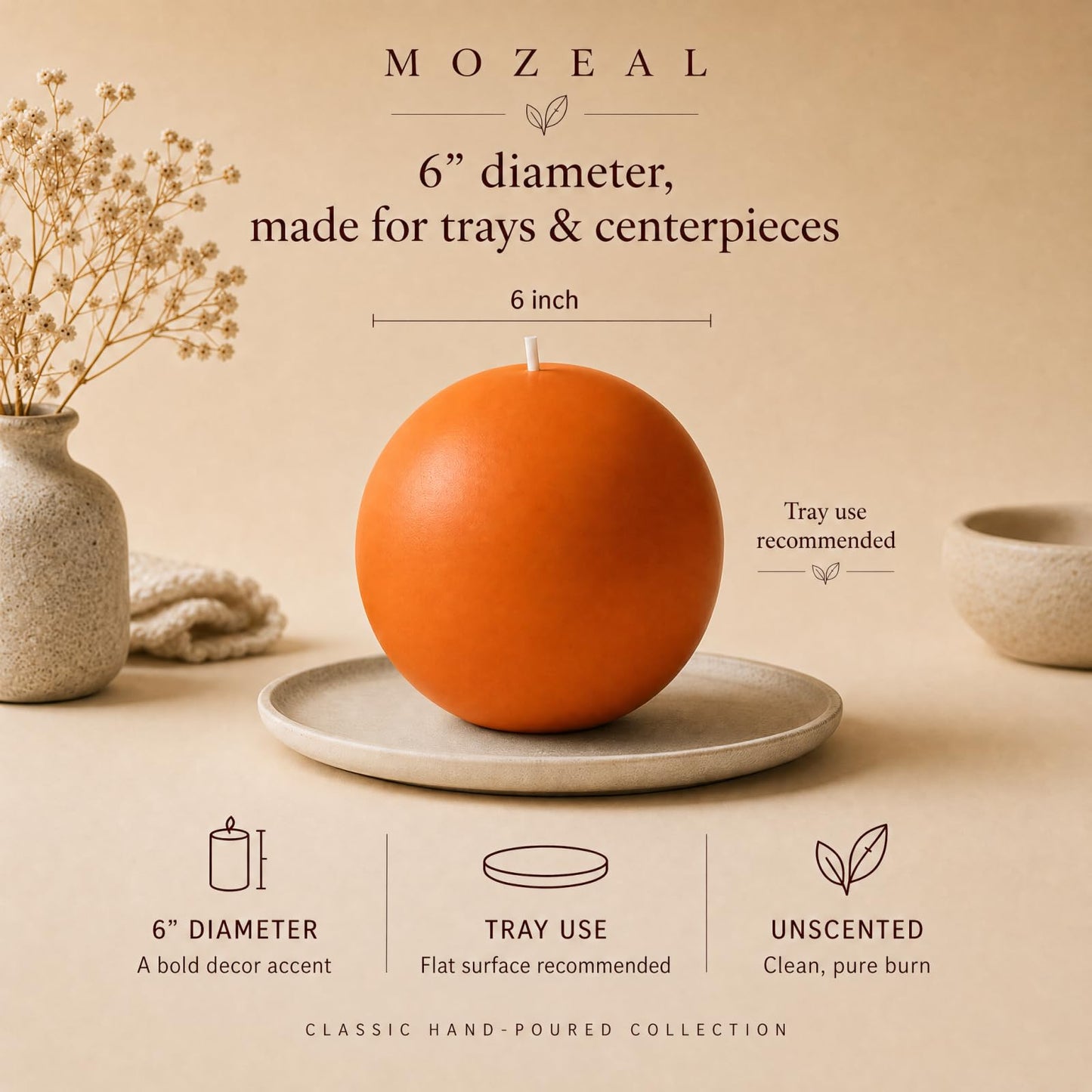 MOZEAL Hand-Poured, 6 Inch Orange Large Round Ball Candles - Elegant Orange Round Pillar Candles, Dripless, Unscented, Smokeless, Ideal for Halloween Decor.