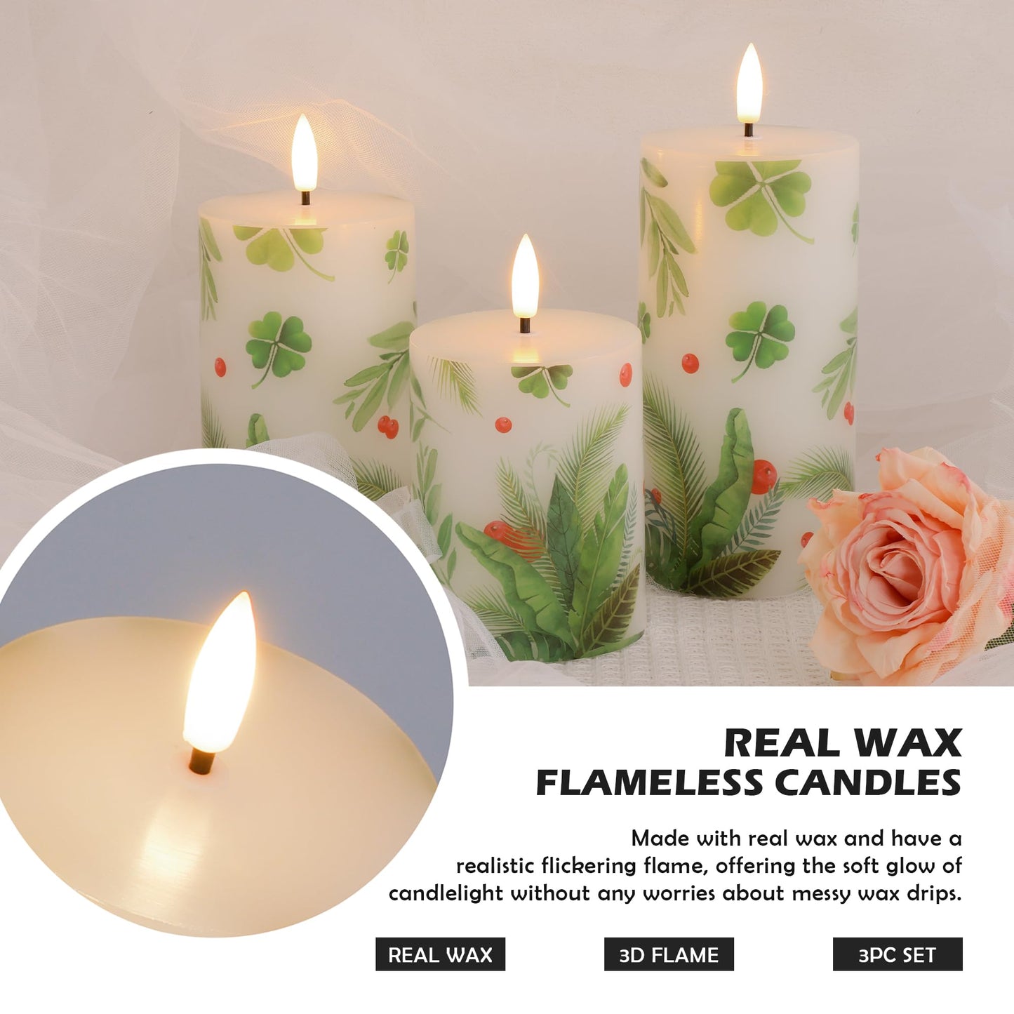 JOIONE Flameless Pillar Candles with Remote, 3 Pack Battery Operated Real Wax Green LED Candles, Perfect for Spring Summer Home Decorations Fireplace Table, Shamrock