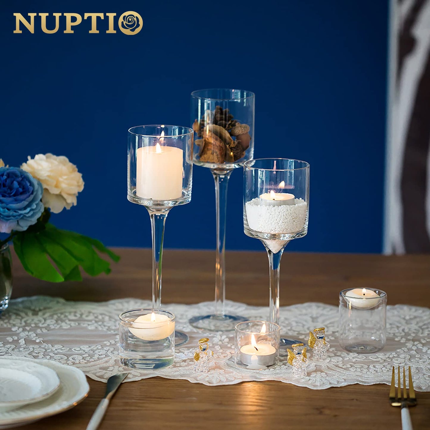 NUPTIO Tealight Candle Holders Bulk: Set of 30 Long Stemmed Candle Stands for Table Centerpiece Decor - Monet Candleholders for Floating Candles