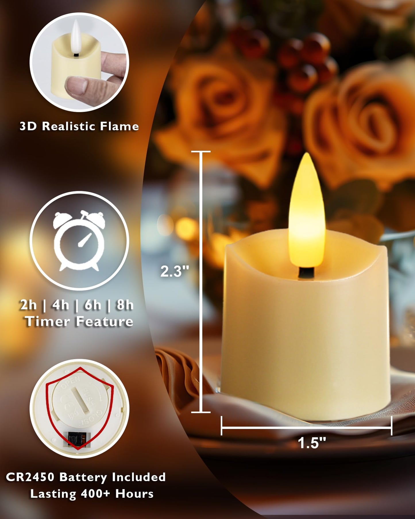 Homemory 12Pack 400+ Hour Remote Control Candles, 2/4/6/8H Timer LED Votive Candles, Battery Operated Tea Lights in Warm White for Outdoor, Table, Wedding, Christmas (Ivory, Batteries Included)