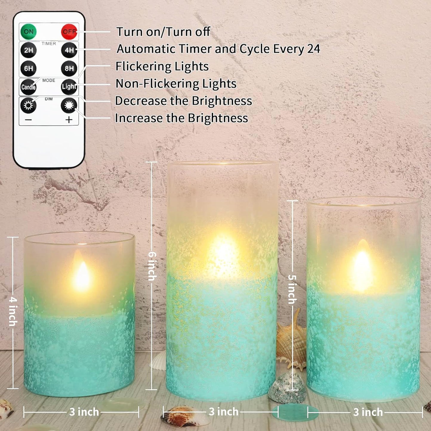 FLAVCHARM Blue Flameless Candles with Remote Aqua Glass Handmade Sandblast Battery Operated Candles Flickering Decorative LED Pillar Candles for Home Bathroom Coastal Theme Wedding Decorations