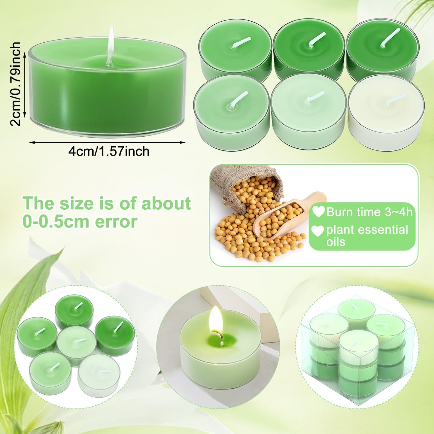 Honoson 12 Pack Green Tea Lights Candles Green Round Tea Light Natural Wax Scented 6 Scents Conversation Candle for Spring Easter Wedding Engagement Gifting Aromatherapy Anniversary Summer Home Decor