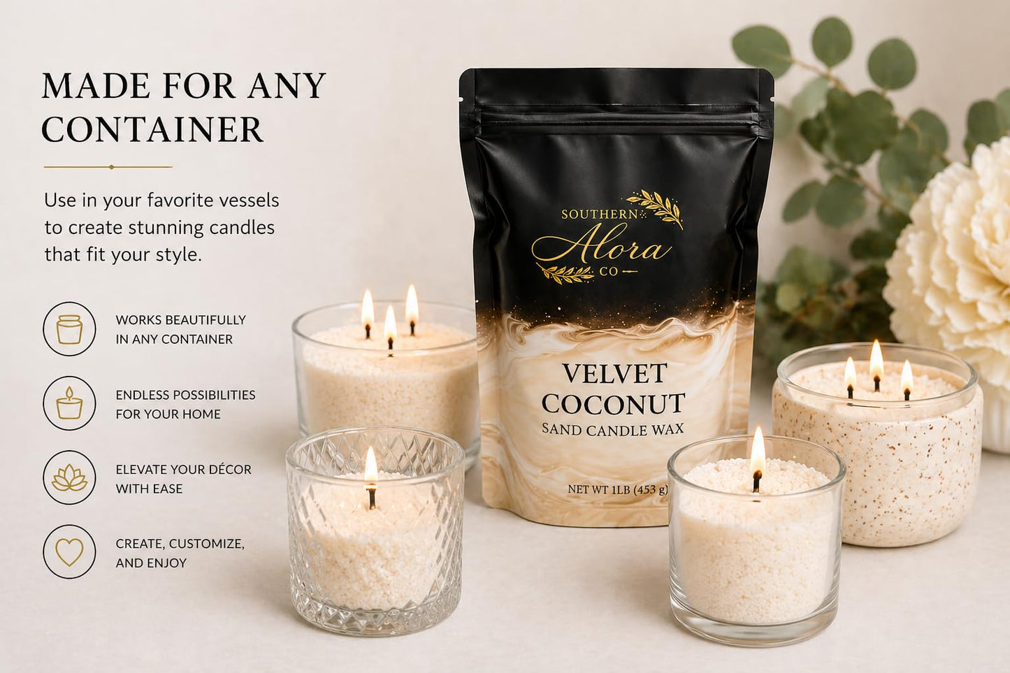 Candle Sand Wax 1 LB – Southern Alora Refillable Sand Candles with 10 Cotton Wicks – DIY Candle Kit for Wedding Centerpieces, Table Decor & Modern Home Decor (Velvet Coconut)