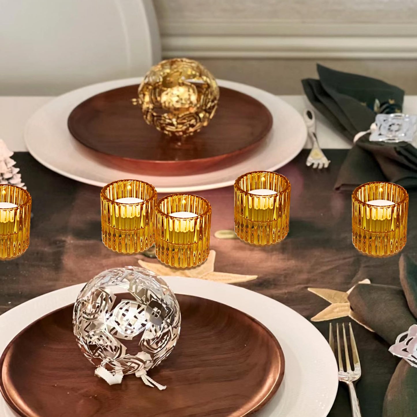 CHOCSTAY Reversible Amber Glass Candle Holder Set of 6, Thick Heat-Resistant Glass Candlestick Holders for Taper, Tealight, Votive, LED Candles, Perfect for Wedding, Party, Home Décor