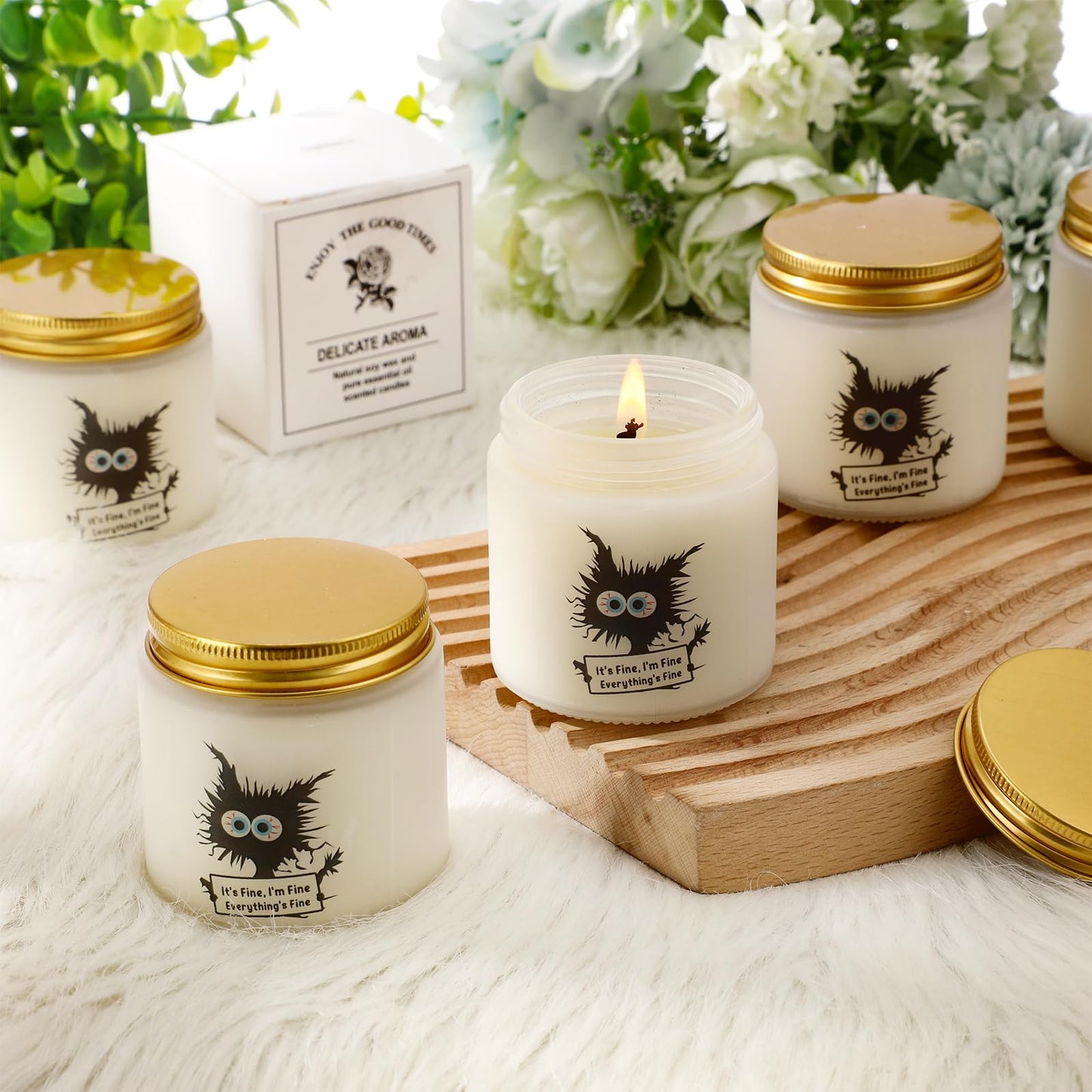 Conelist 6 Set Cat Lover Gifts for Women Graduation Funny Black Cat Scented Candles It's Fine Everything is Fine Inspirational 3.5 oz Soy Wax Jar Candles Gift for Teacher Coworker Employee Gifts