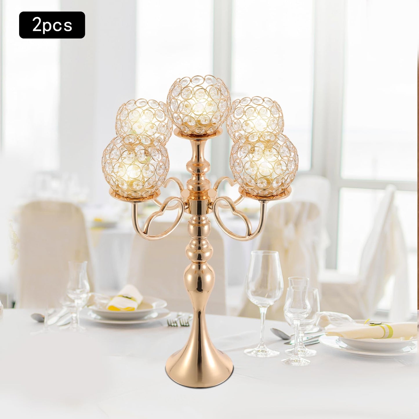 2Pcs 5 Arm Candelabra Candle Holder Luxury Gold Candlestick Holder Crystal Candelabra Centerpieces for Tables Elegant Candelabra Stand Holders for Home Wedding Party Anniversary Dining Room, Gold