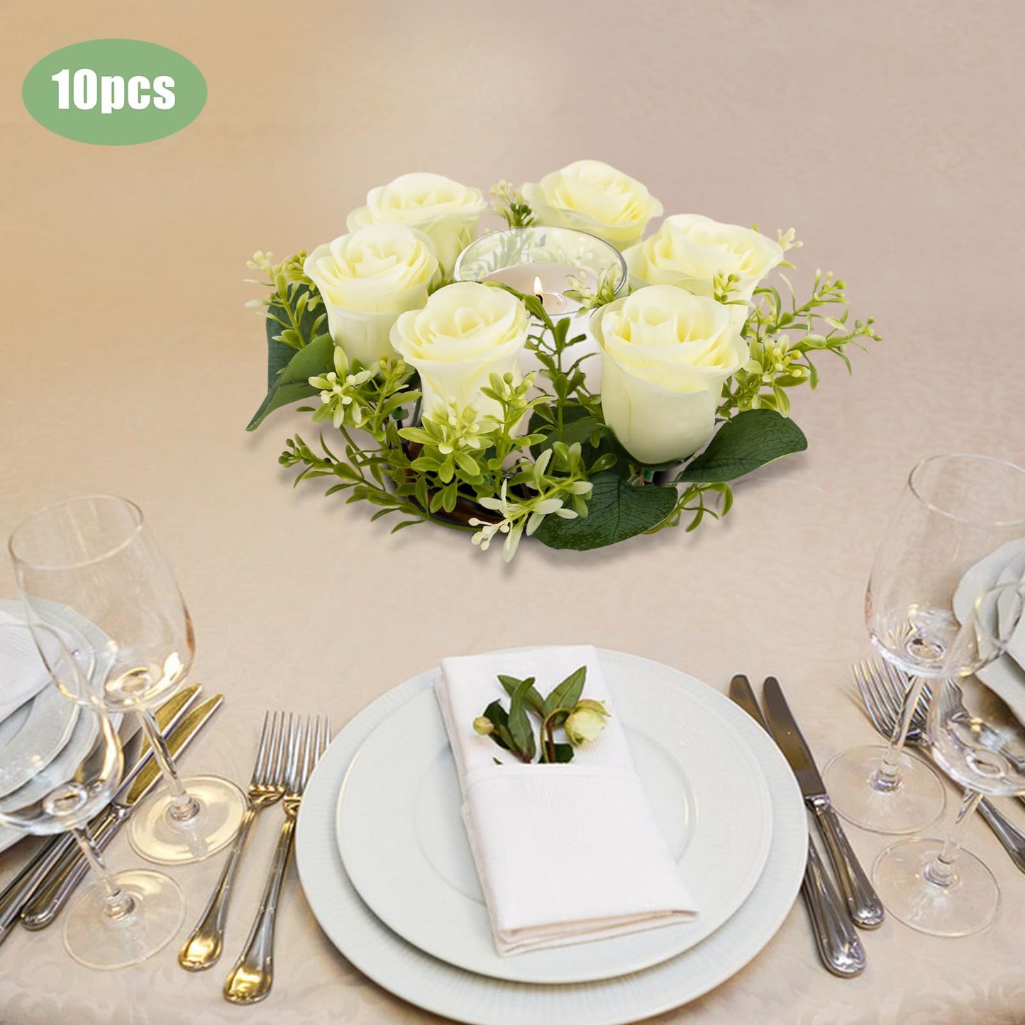 Candle Rings Wreath Centerpieces 10Pcs Cream Rose Candle Floral Wreaths 8.27In Artificial Flowers Rings Wedding Party Decor (Cream, Green)