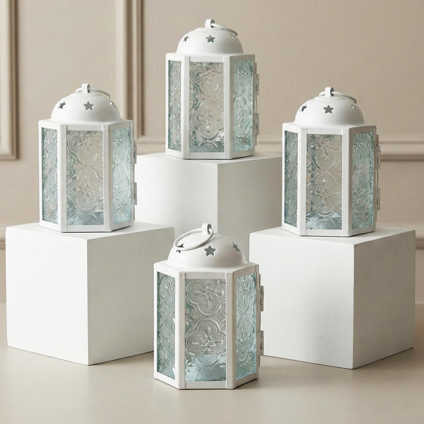 VELA LANTERNS Mini Moroccan Tea Light Candle Holder Lanterns – 4.25" Small Decorative Lantern for Table or Hanging, Metal with Glass Panels – Ramadan, Wedding, Home Decor, Matte White (Set of 4)