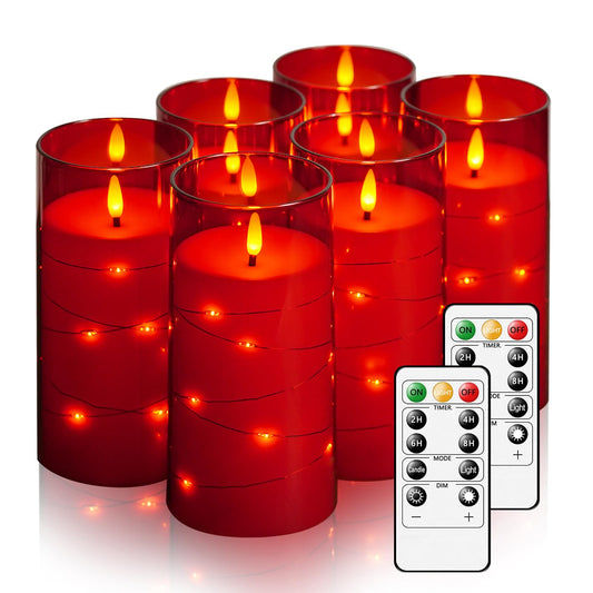 Flickering Flameless Candles with Remote Timer, 6pcs LED Battery Operated Candles with Embedded String Lights Red, Same Size D3 H6