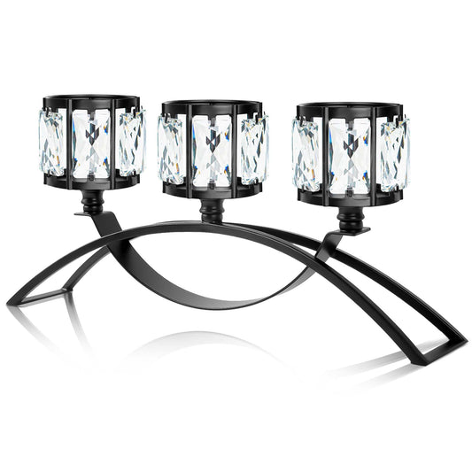 3 Arms Crystal Bowl Tealight Candelabra Votive Candle Stand, Wedding centerpieces for Tables Crystal Candlestick，Centerpiece Table Decorations (Black)