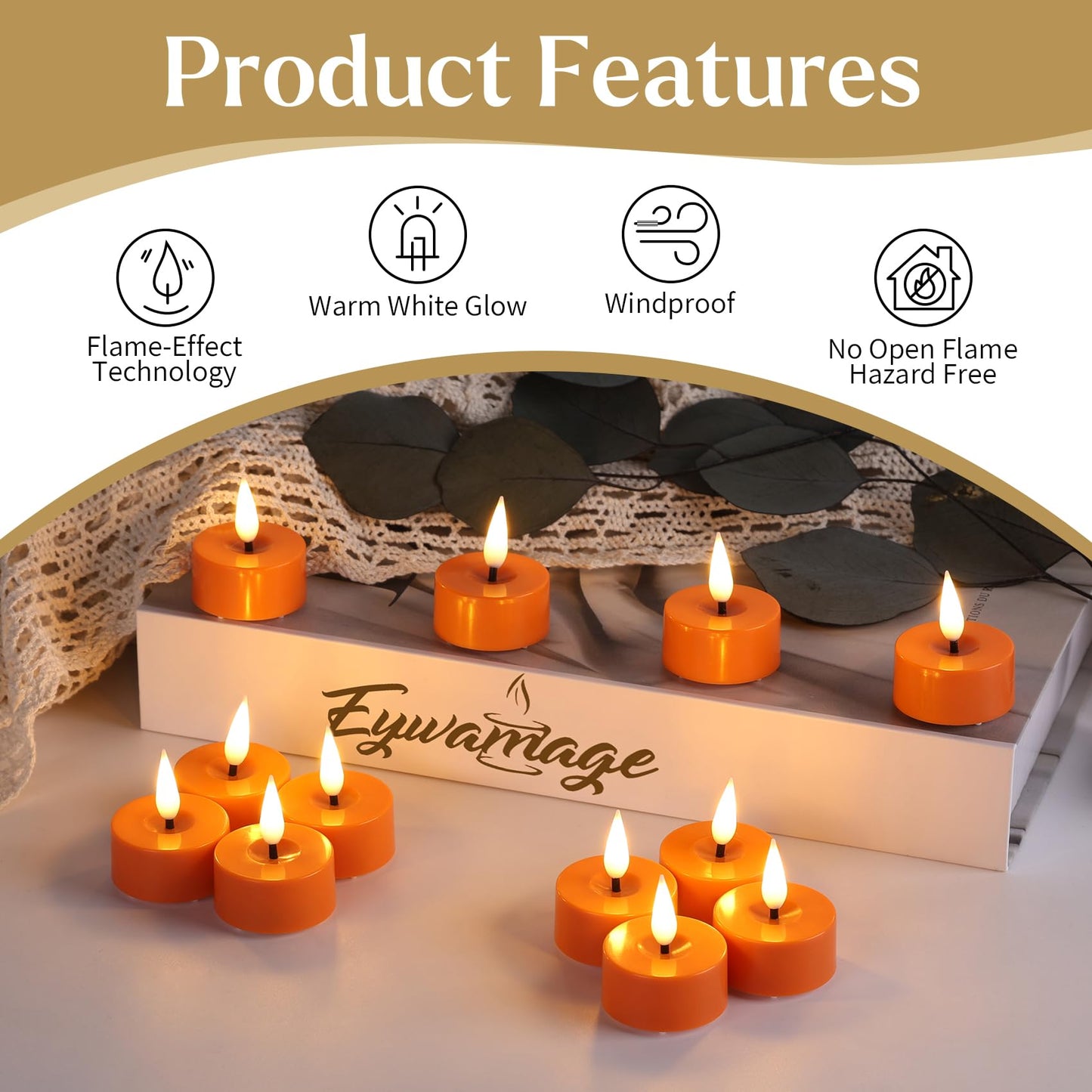 Eywamage Orange LED Tealights with Remote Batteries, Flickering Flameless Tea Votive Candles Decor Set of 12