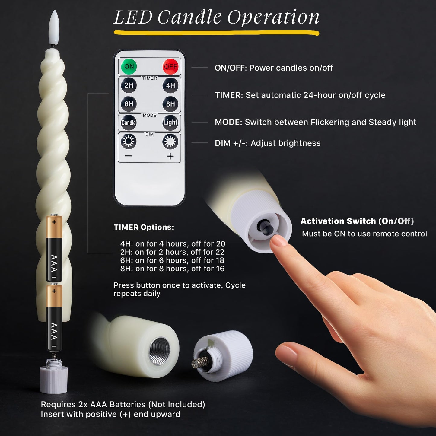 West Ivory Full Twisted Spiral Flameless LED Taper Candles – Ivory, Set of 6 – 2/4/6/8-Hr Timer (24-Hr Memory), Remote, Dimmable, Bottom On/Off Button, Flicker/Steady, Battery Operated