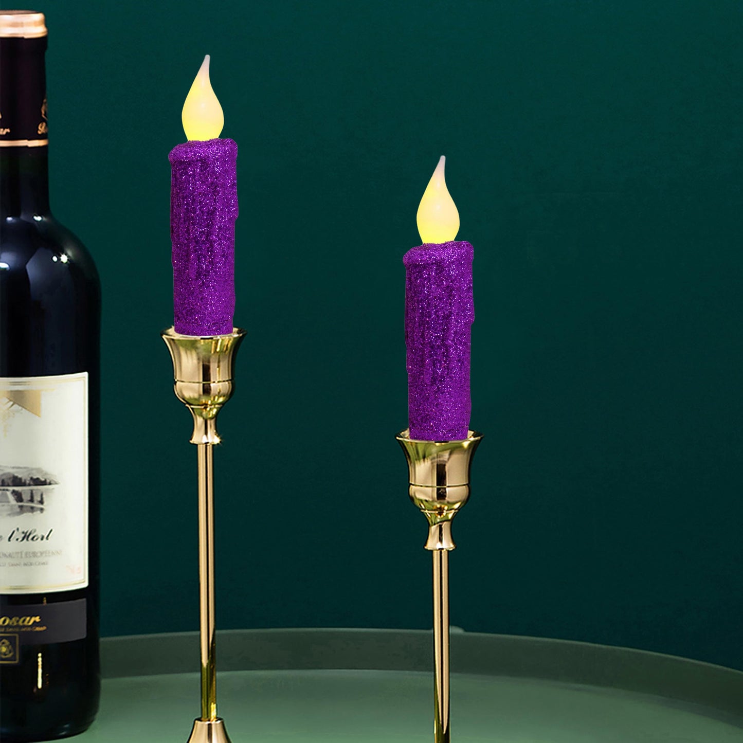 CVHOMEDECO. Glitter Flameless Candles Flickering Battery Operated LED Taper Candles with Timer for Home, Wedding, Halloween, Christmas Decor. Purple, 4-3/4 Inch, Set of 2