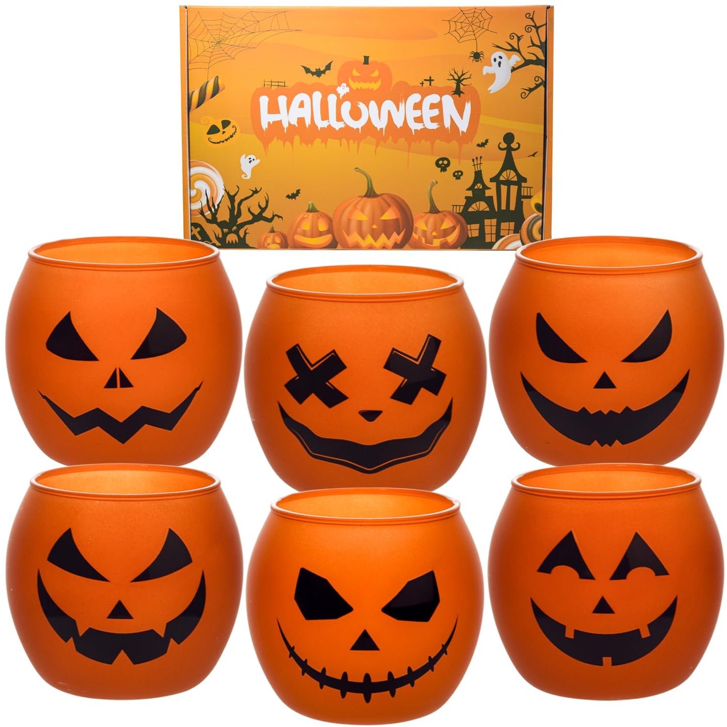 Galssmagic Halloween Table Decor Candle Holder Set of 6,Orange Pumpink Grimace Glass Votive Candle Holders Indoor Outdoor Halloween Decor