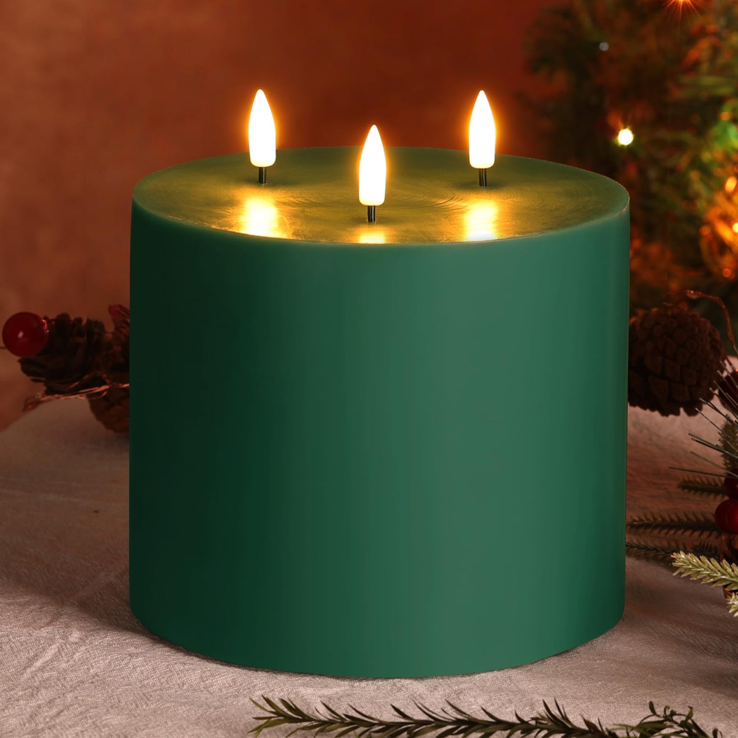 Girimax Green 3 Wick Flameless Candle with Remote, 6x6 inch Large LED Pillar Candle Battery Operated Real Wax Flickering Home Shelf Table Decor