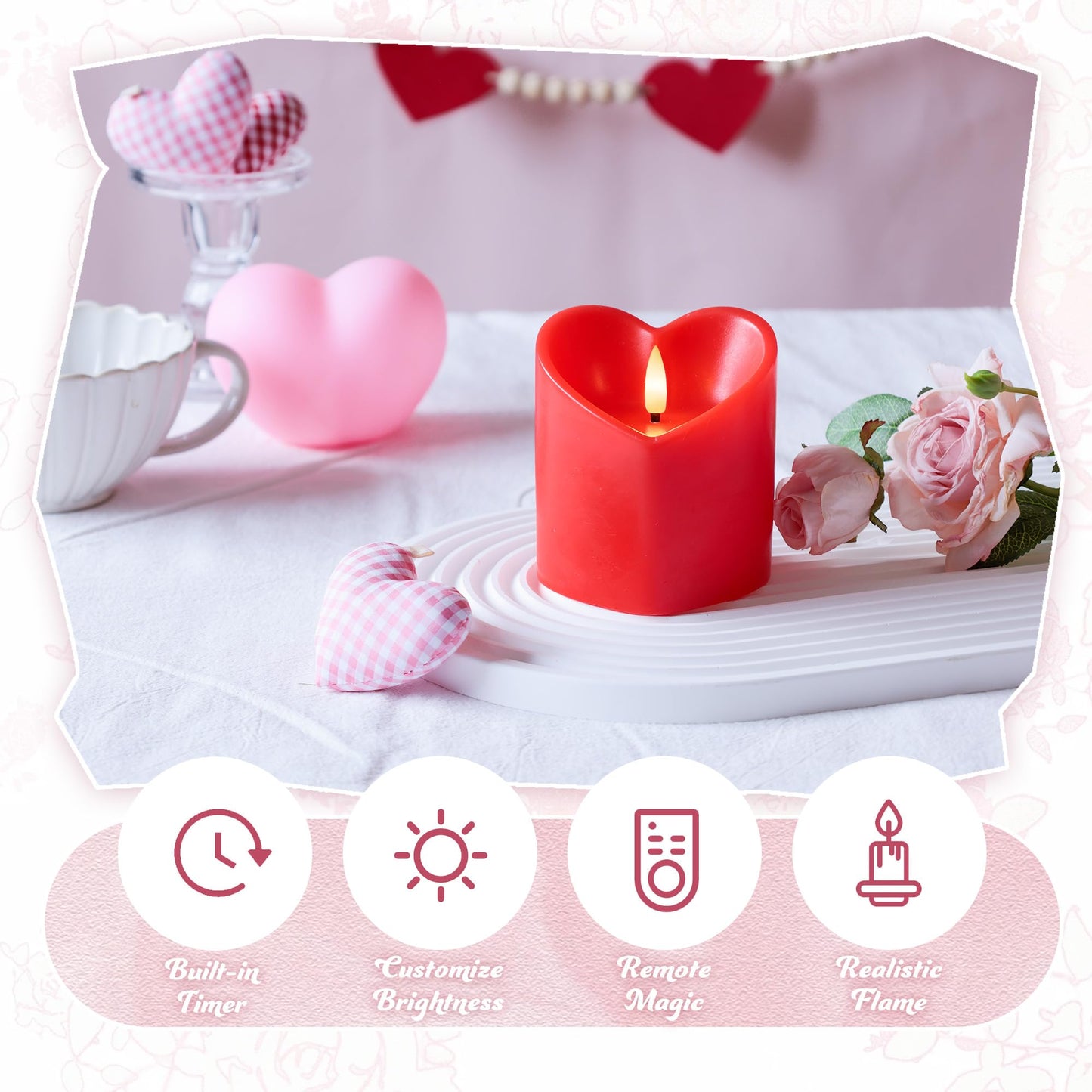 Valentine Day Flameless Pillar Candles with Remote, Real Wax Battery Operated Candles, Heart Shape LED Candle for Romantic Night Valentines Gifts Proposal Anniversary Festival Gift Decor(3 Pack)