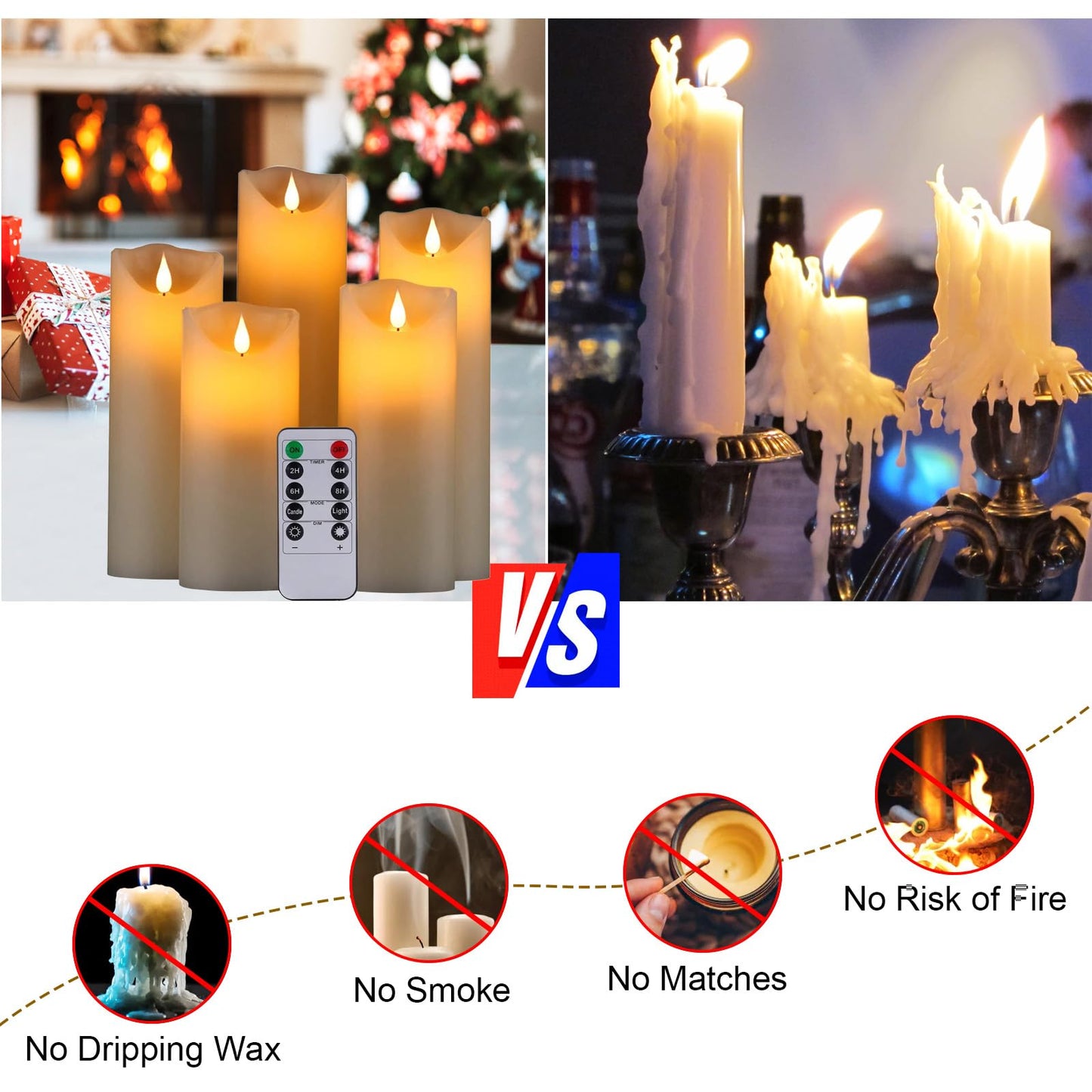 Biyanuo Flameless Battery Operated LED Candles 3D Wick with10key Button Remote Control 24-Hour Timer Set of 5 Electric Flickering Pillar Real Wax，Wedding, Party, Home Decoration