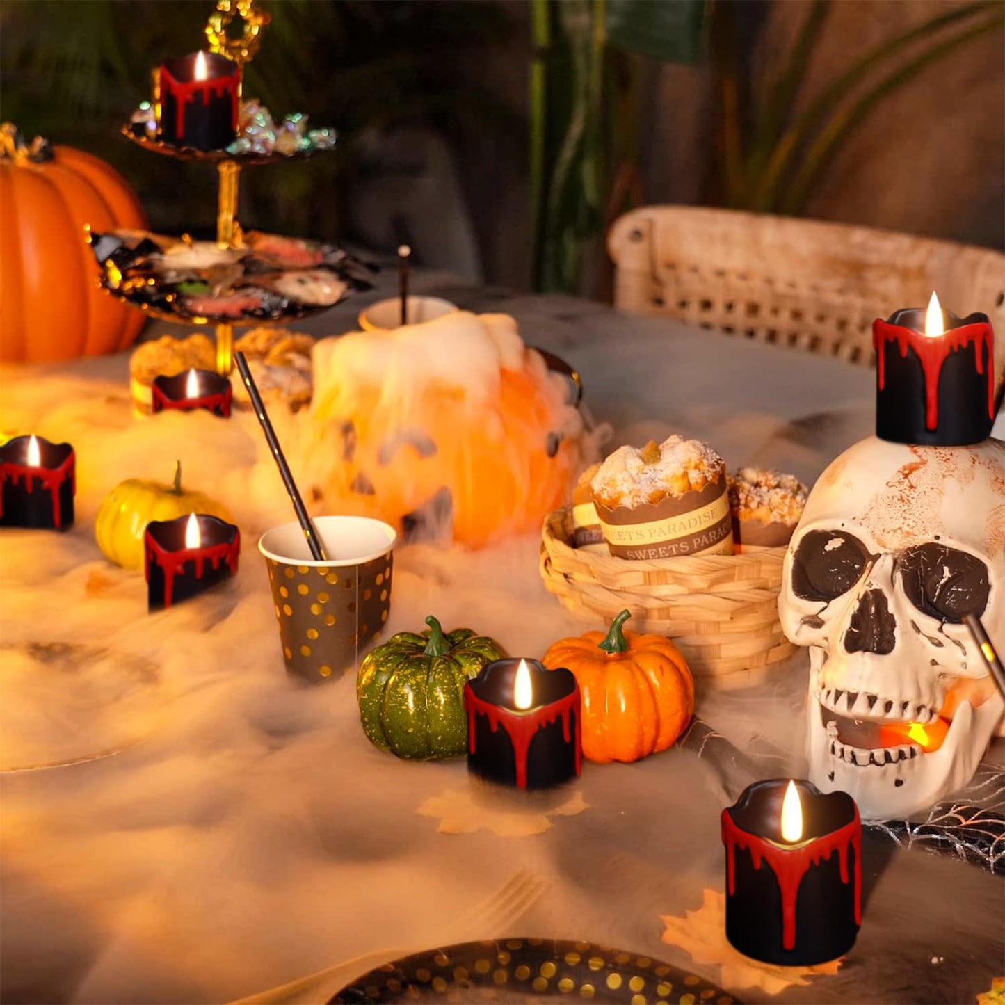KunSwenn Halloween Black Votive Candles Battery Operated with Long Lasting CR2450 Batteries, LED Flameless Flickering Candles with 6H Timer, 6Pcs Black and Red Drip Wax Candle Gothic Home Decor