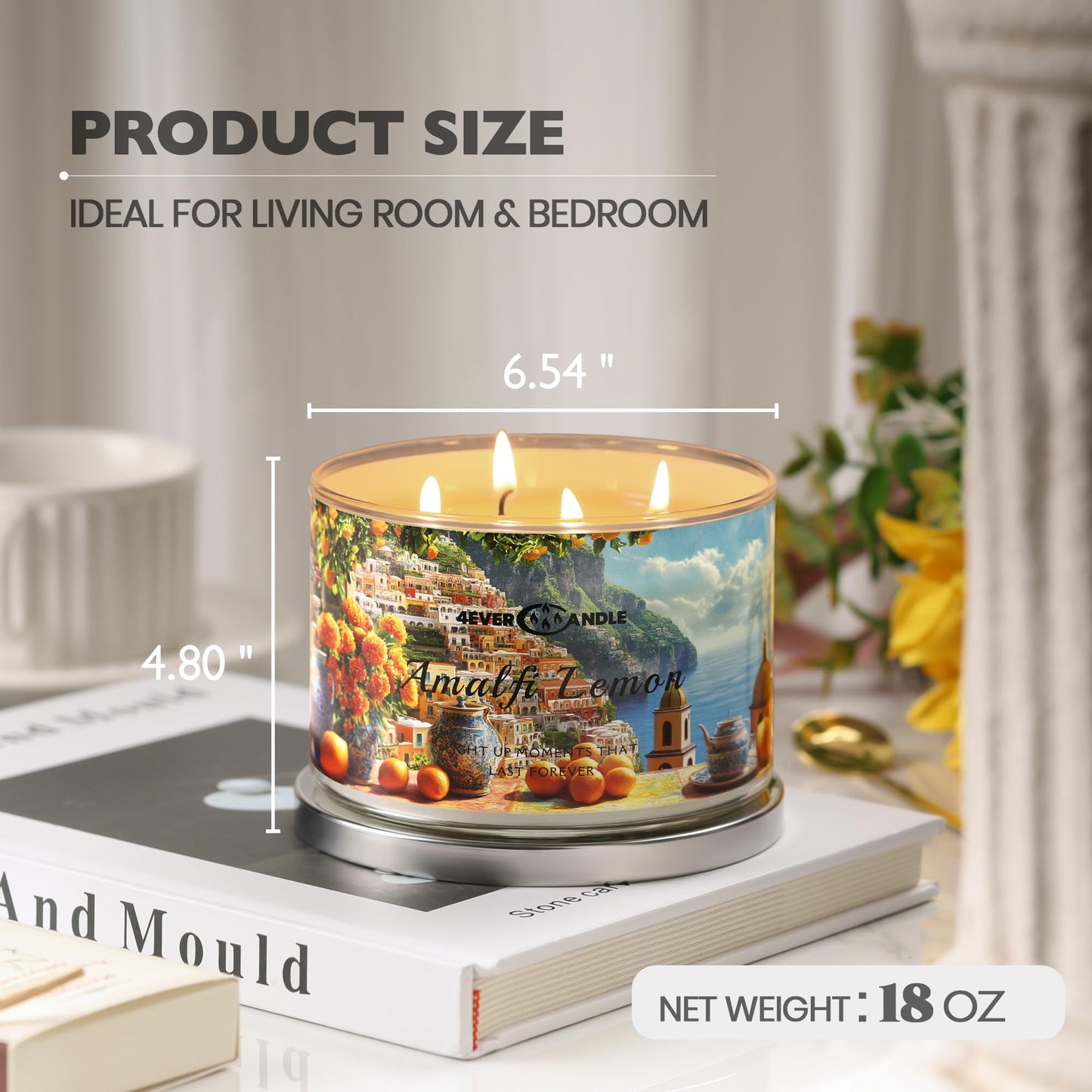 4EVER Scented Candles | 4-Wick 18oz Soy Wax Candle | Up to 50Hrs Clean Burn | Aromatherapy Candles for Home Scented | Gifts for Women & Mom, Amalfi Lemon