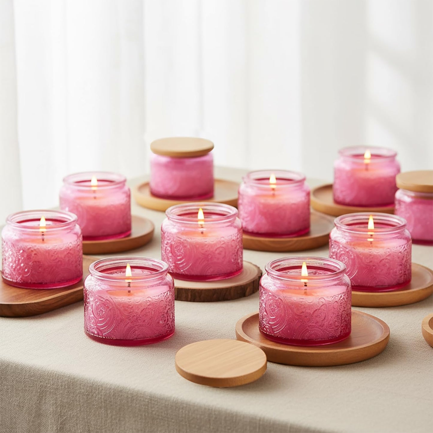 18-Pack 4oz Embossed Glass Candle Container with Bamboo Lids and Labels, Pink Candle Jars for Making Candles, Sun Moon Star Design