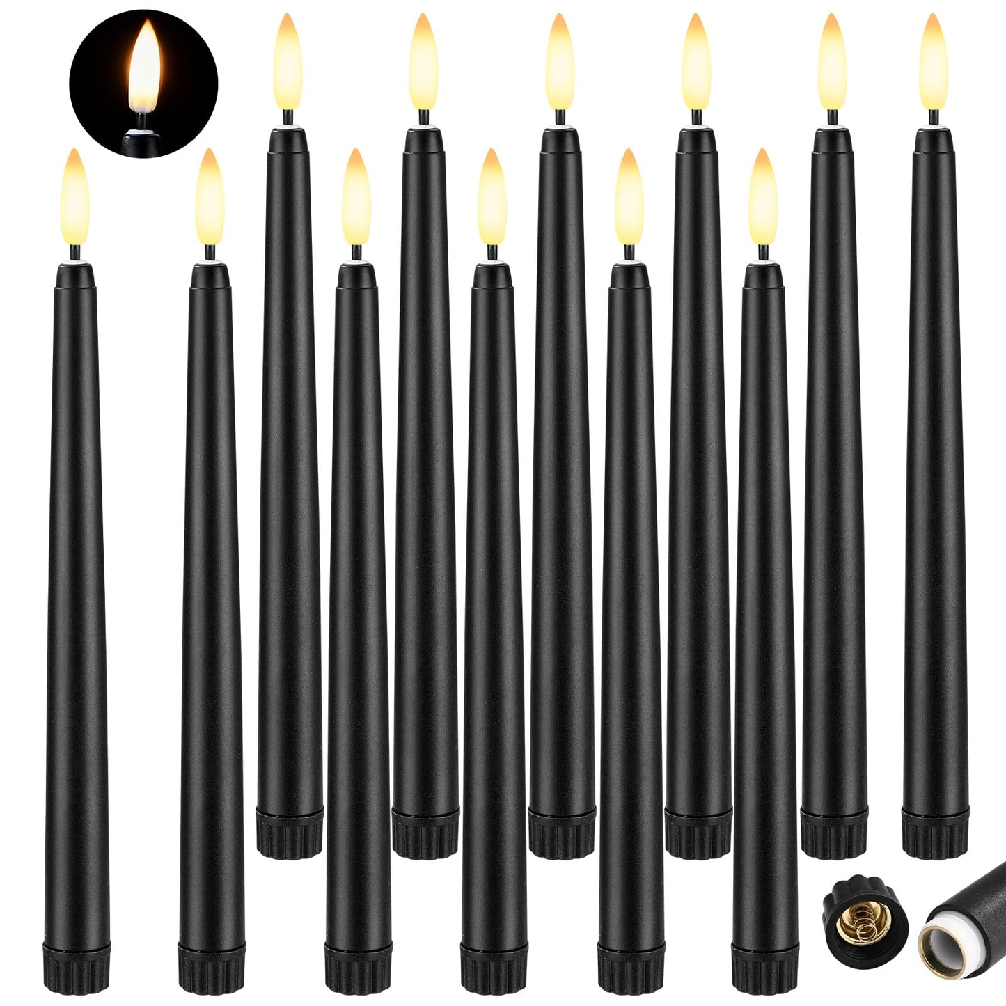 Baquler 12 Pcs 9.7 Inch Black Flameless Taper Candles, Battery Operated Taper Candles LED Warm 3D Wick Flickering Candlesticks for Church Wedding Home Decor Halloween Christmas Hanukkah New Year