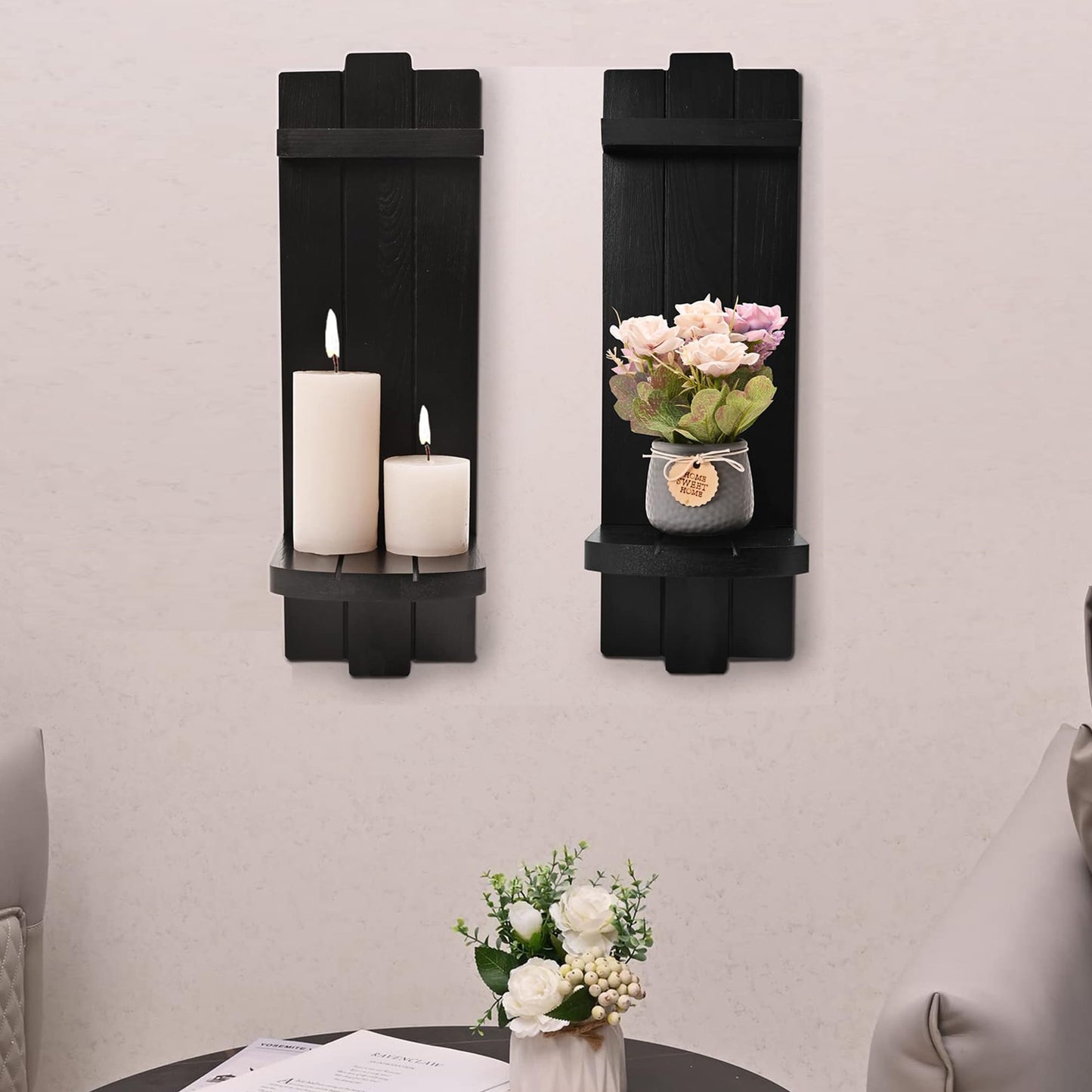 Yorkmills Sconces Set of 2, Rustic Home Decor, Farmhouse Wall Art Floating Candle Holder Shelf, Black Decorations for Living Room, Dining Room, Bedroom, Bathroom