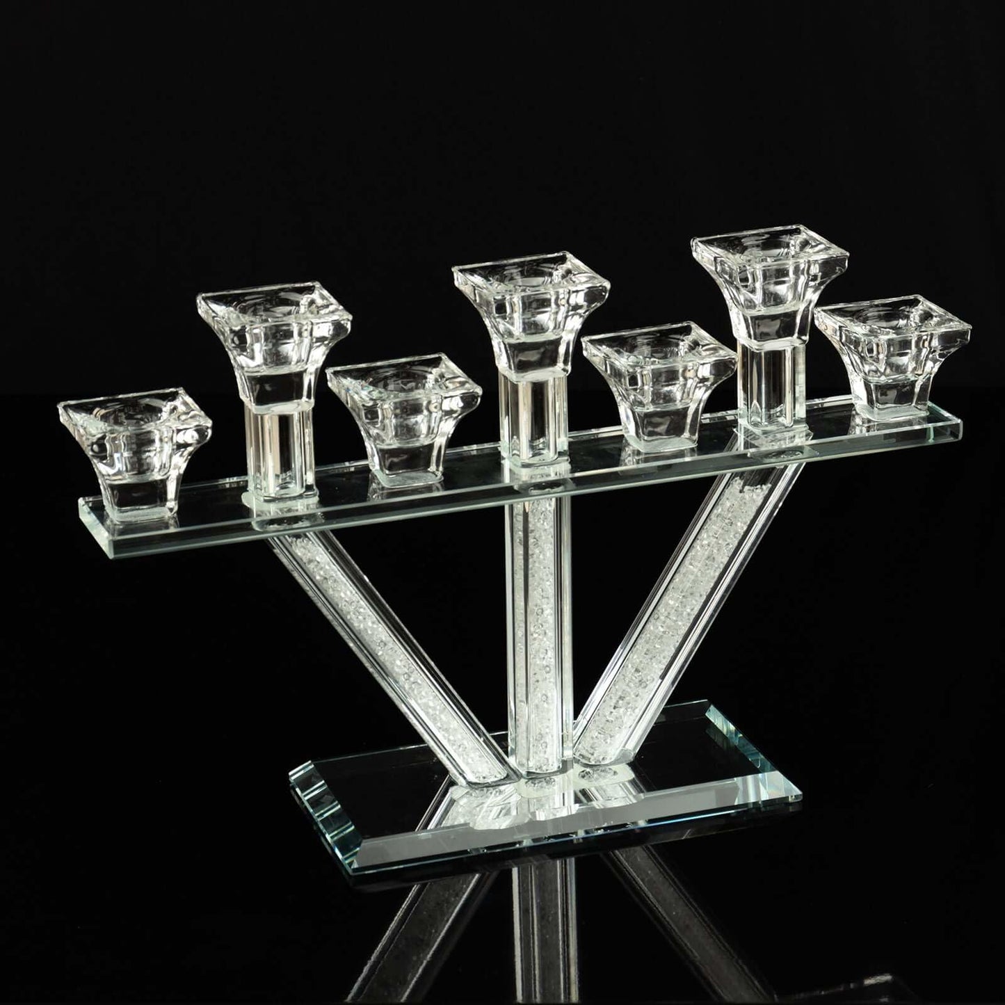 Efavormart 12" Crystal Glass Candelabra with Crystal Filler, 7-Branch Taper Candle Stick Holder Stand with Mirror Rectangular Base