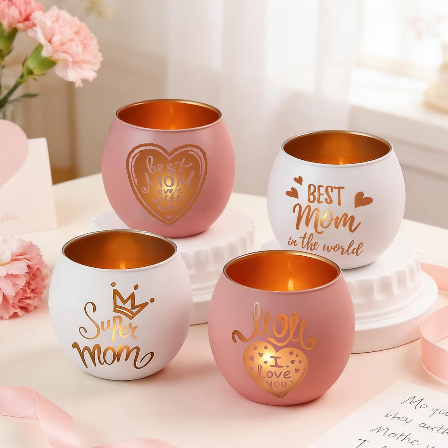 Mother's Day Glass Candle Holders Set of 4, Best Mom Ever Tealight Holders with Super Mom & Heart Designs, Decorative Votive Candle Holders for Women's Birthday, Grandma Gift & Mother's Day Decor