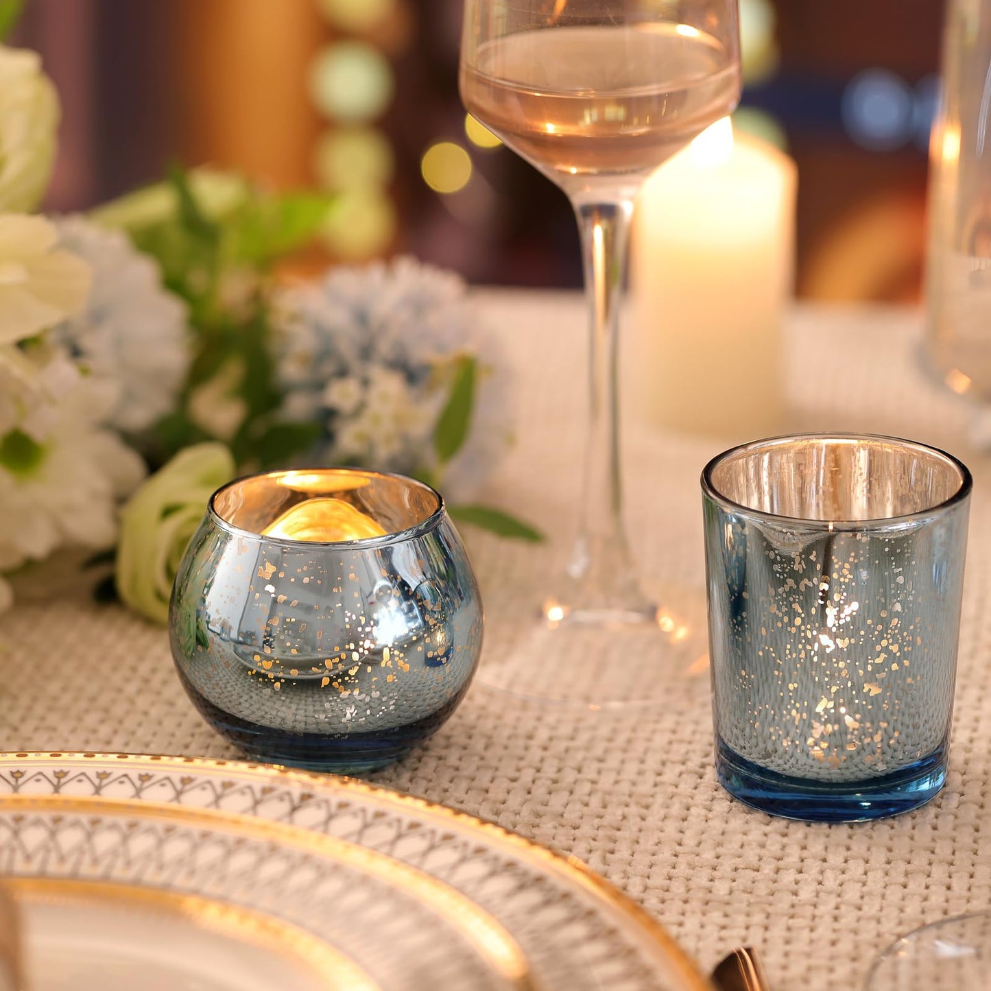 Volens Blue Votive Candle Holders Bulk, Mercury Glass Tealight Candle Holder Set of 12 for Wedding Centerpiece Table Decorations, Bridal Shower and Home Decor