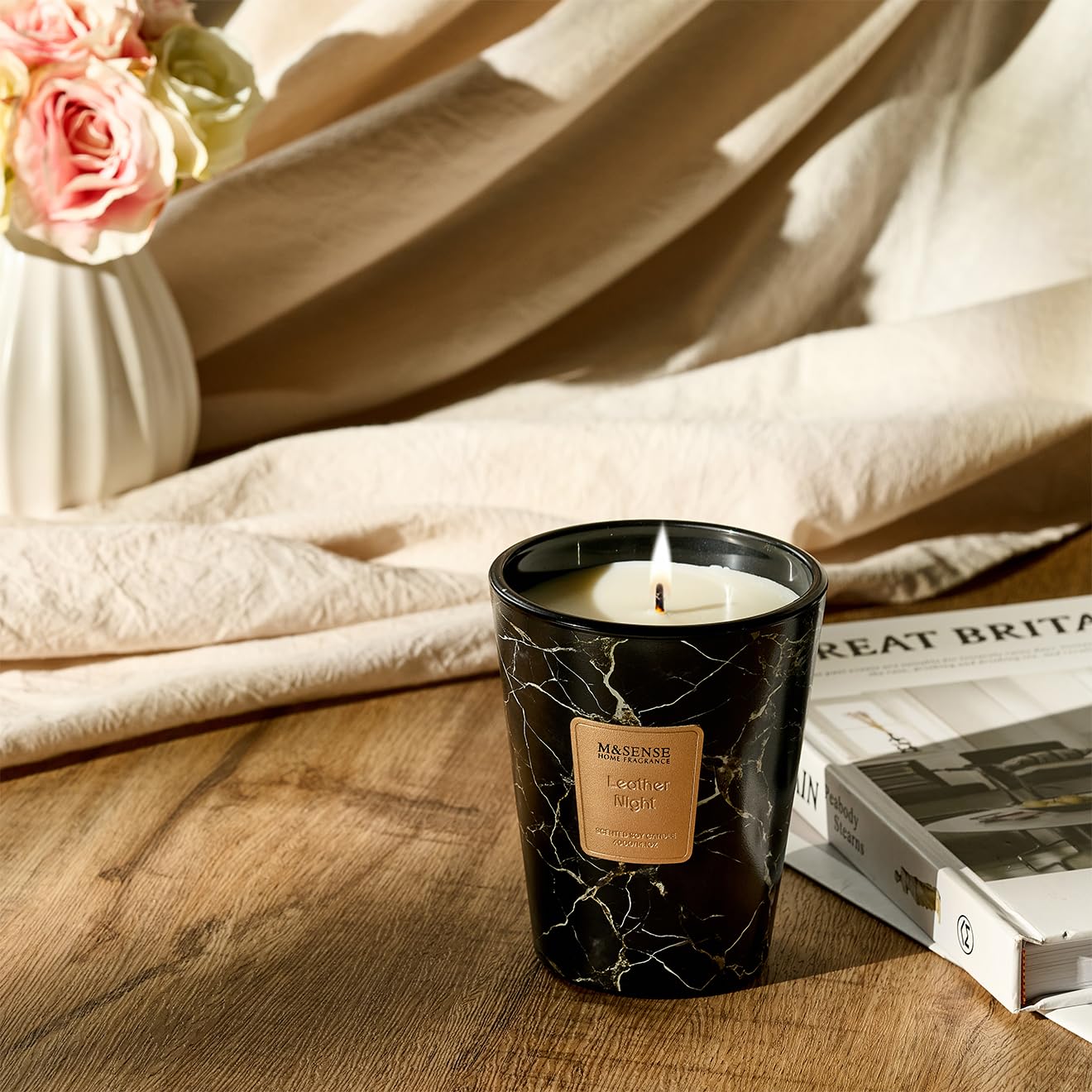 M&SENSE Leather Night Scented Soy Candle, 3 Wick Highly Scented 14.1 Oz 75H, Aromatherapy Christmas Gift for Women and Men