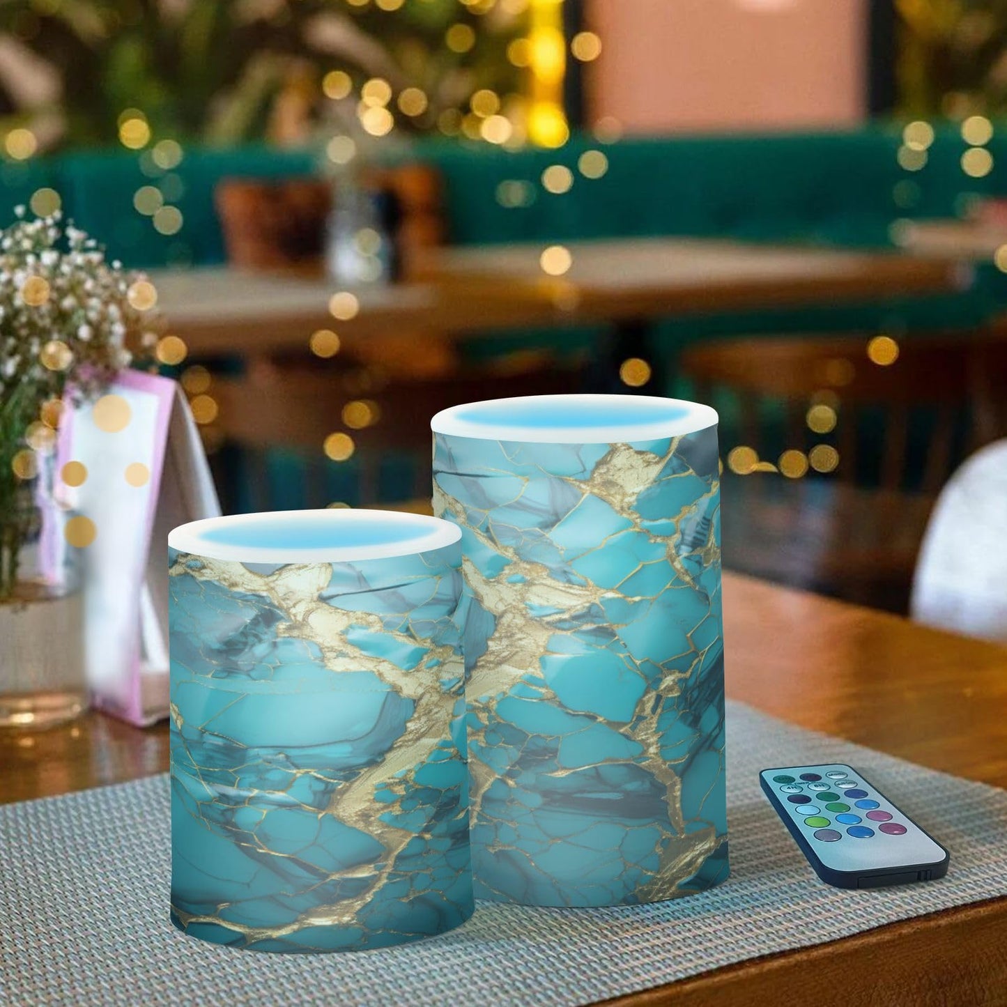 BOENLE Flickering Flameless Candles, Turquoise Golden Marble LED Candles with Remote Timer, Set of 2 Battery Operated Candle for Valentine Wedding Birthday