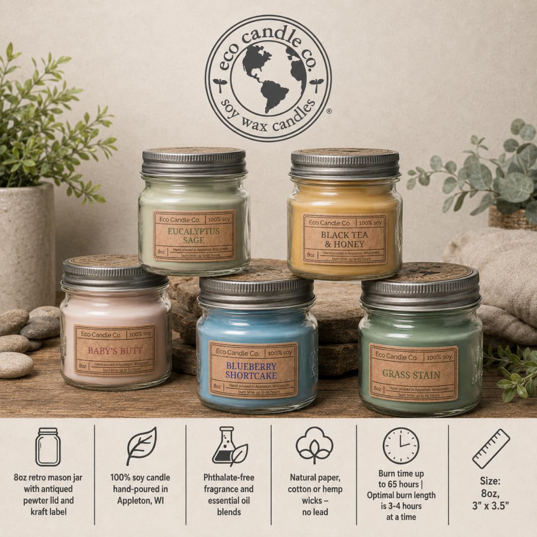 ECO CANDLE CO. Mason Jar Candle, Caramel Rum Cake, 8 oz. - Scents of Caramel, Rum, Maple, Almond, Pear, & Vanilla - 100% Soy Wax, No Lead, Kraft Label & Antiqued Pewter Lid, Hand Made