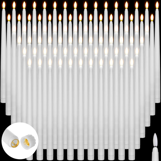 Baquler 100 Pcs Extra Long Flameless Taper Candles 12.4 inch Battery Operated Taper Candle Bulk LED Flickering White Candlesticks for Wedding Church Table Centerpiece Halloween Christmas Party Decor