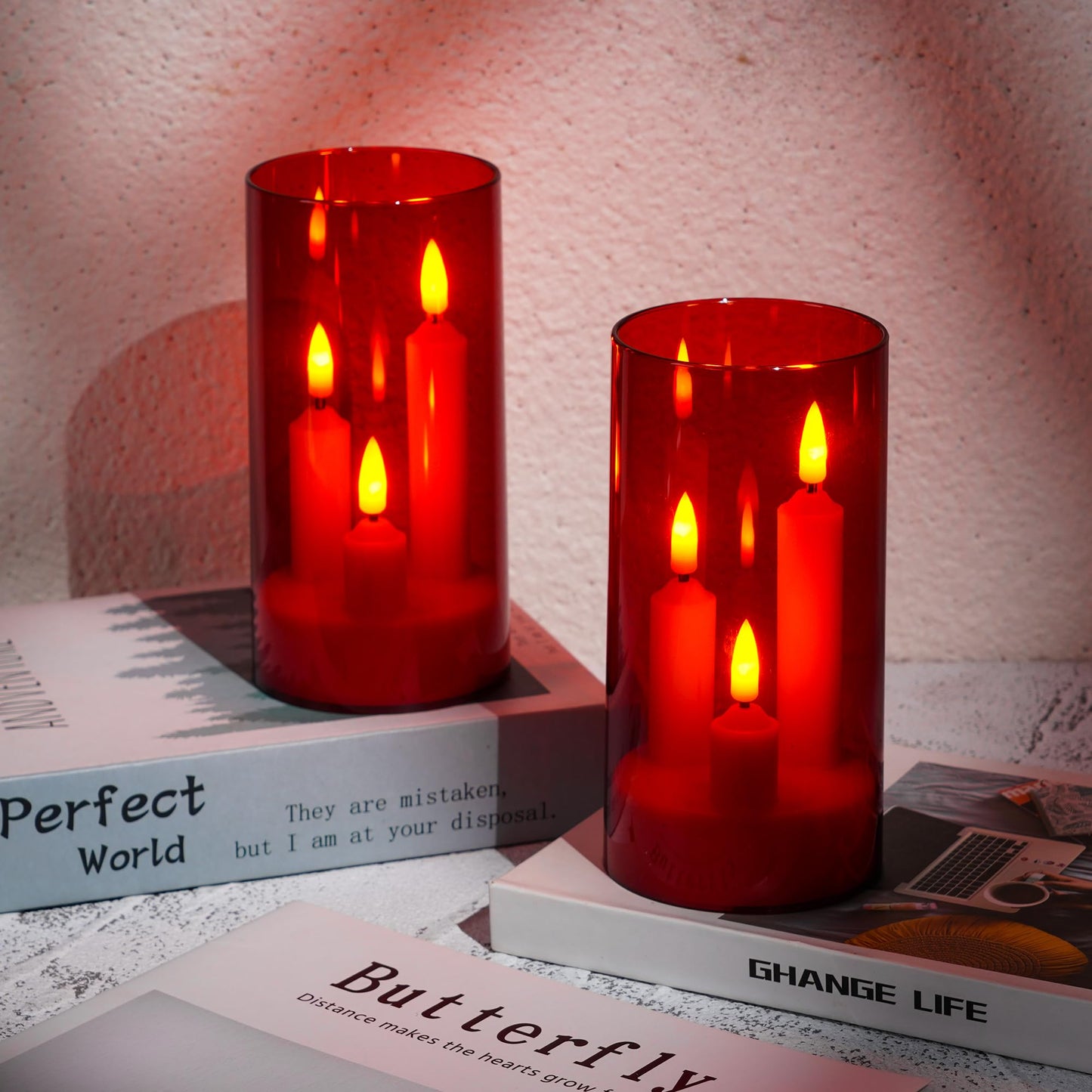 2 Pack 3D Wick Flameless Taper Candles, Red Transparent Acrylic Cover LED Flickering Candle Lights, Remote Control Battery Operated Electric Candles for Valentine Wedding Christmas Home Table Decor.