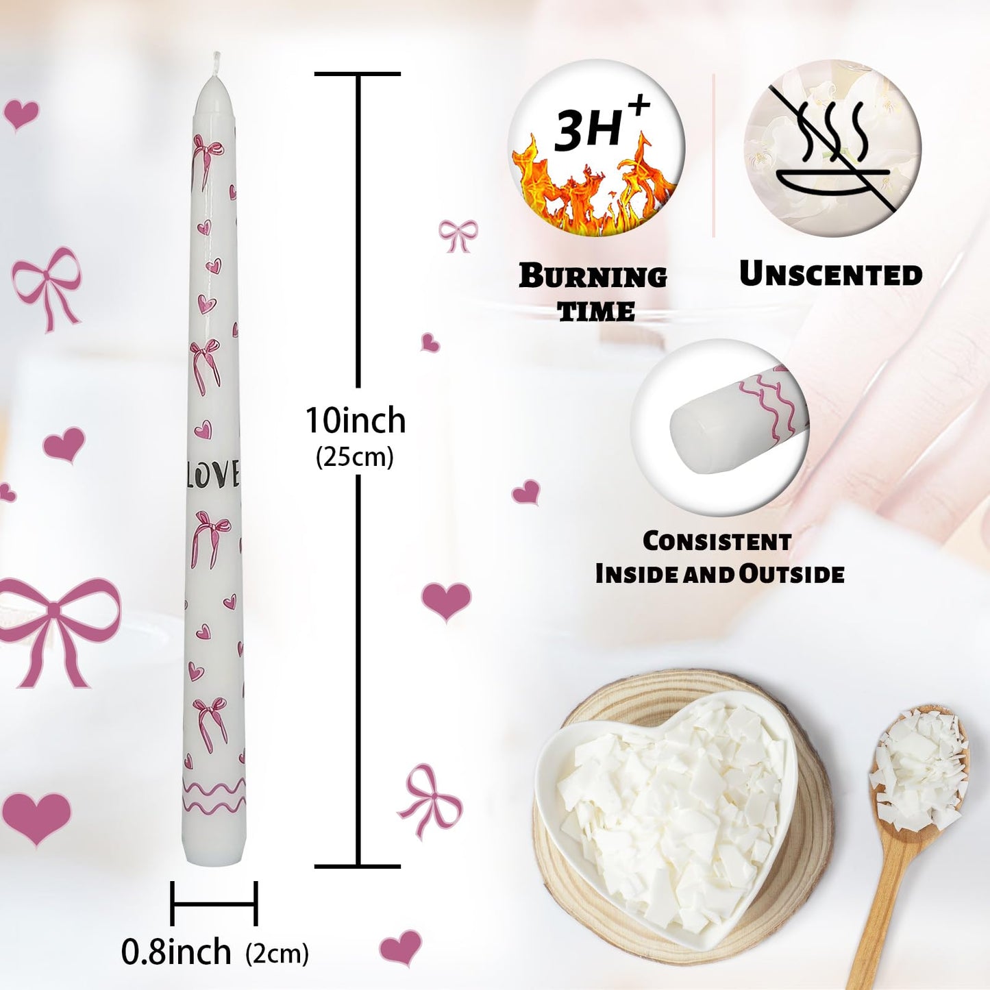 Floral Taper Candles 10 Inch Tall Unscented Handmade Bows and Hearts Print Long Burning Elegant Candlesticks for Wedding Dinner Home Decor