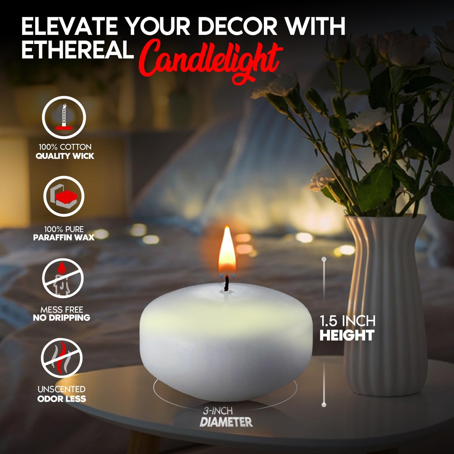 Candle Charisma White Floating Candles 3 Inch (Set of 12) – 8-Hour Dripless, Smokeless Burn with Natural Flickering Flame – Perfect for Weddings, Centerpieces, Pool Nights & Special Events