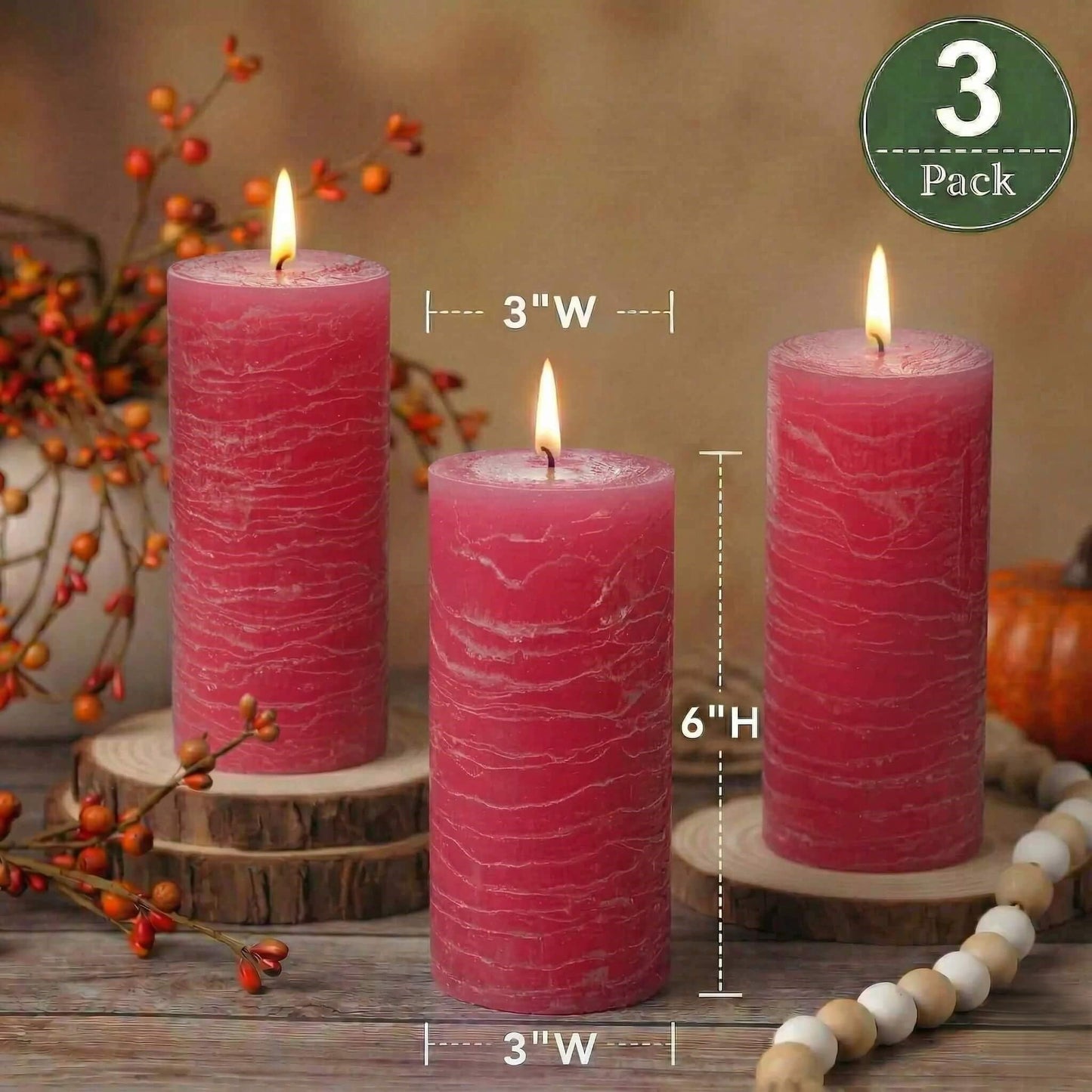Richland Set of 3 Pillar Candles 3" x 6" Unscented (Pink Rustic) for Weddings Home Holidays Relaxation Spa Church